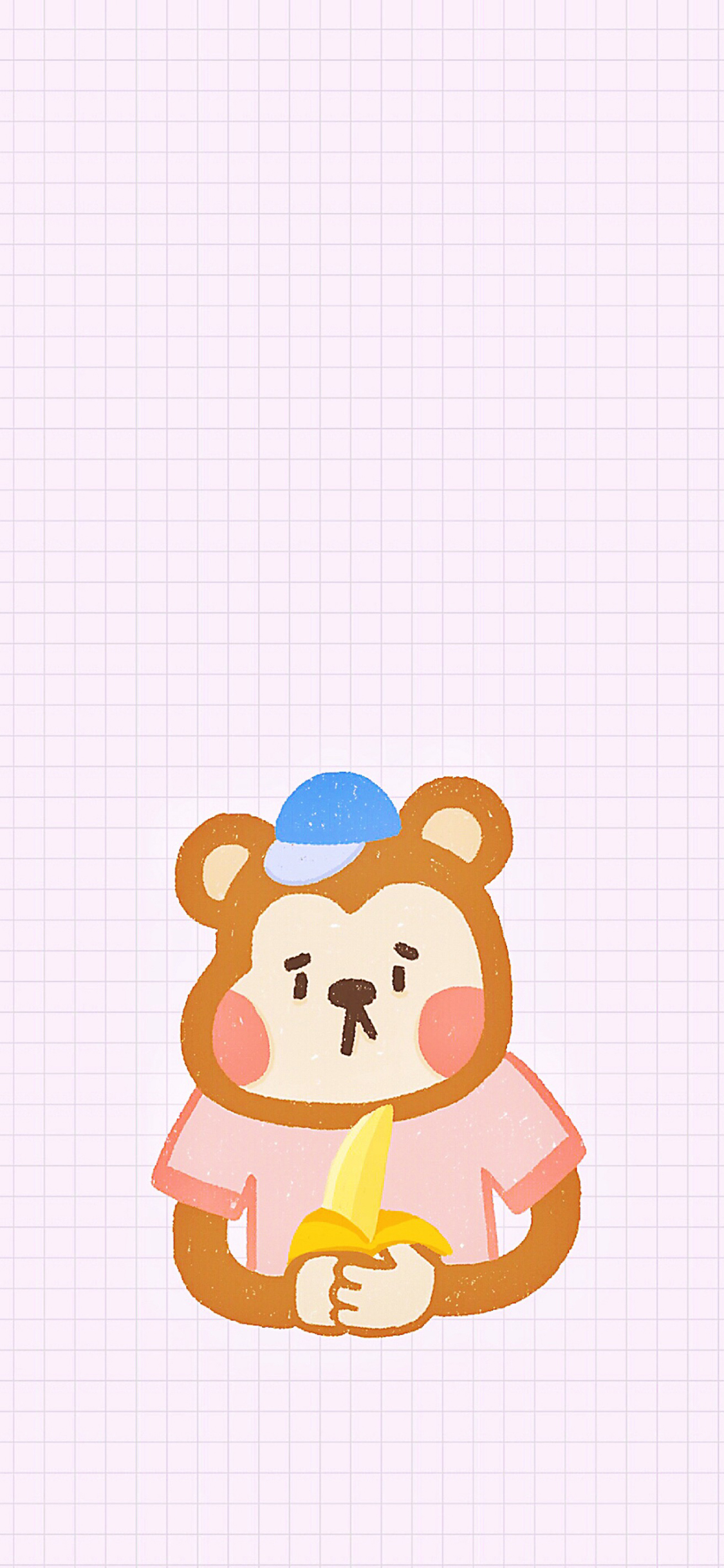 [2436×1125]格子背景 粉色 小猴子 香蕉 卡通 苹果手机动漫壁纸图片