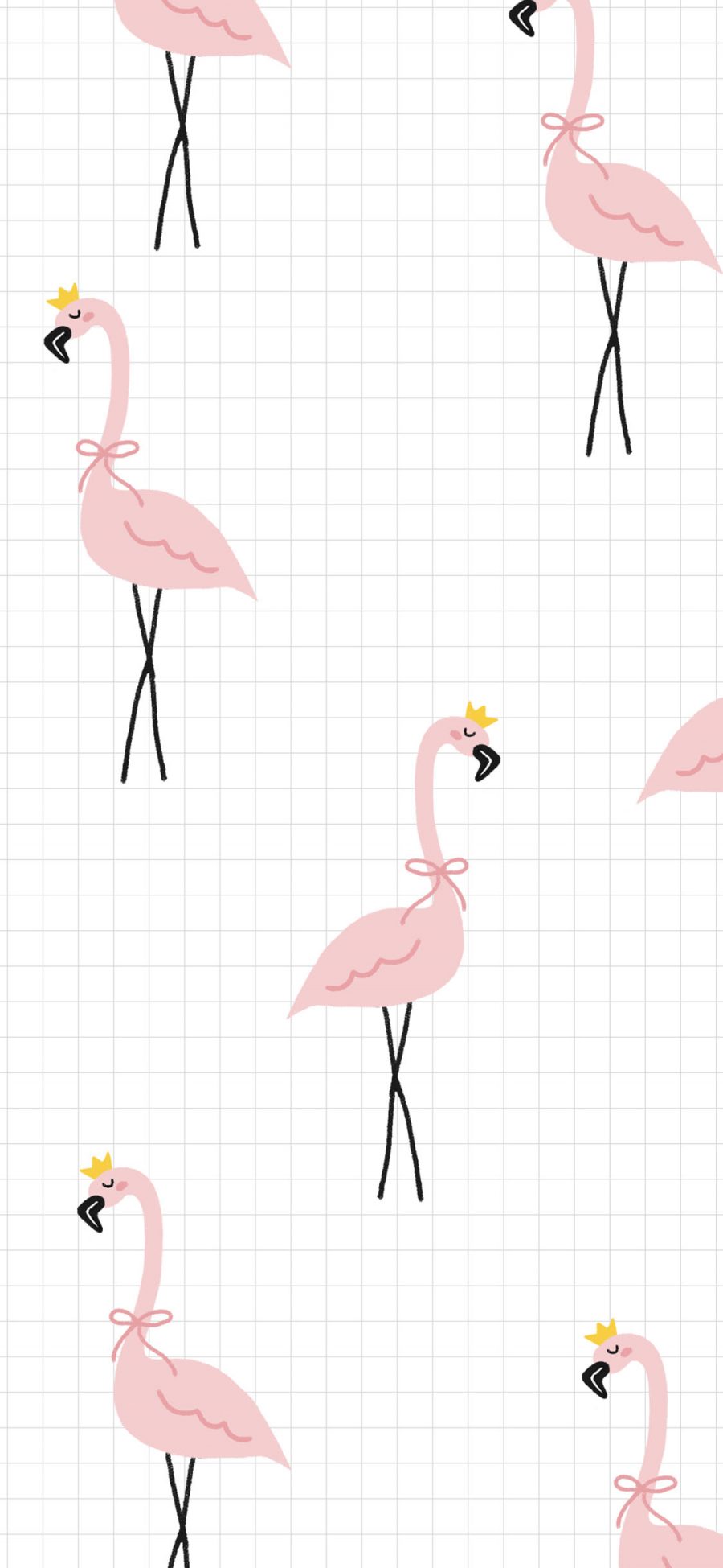 [2436×1125]格子背景 粉色火烈鸟 平铺 卡通 苹果手机动漫壁纸图片