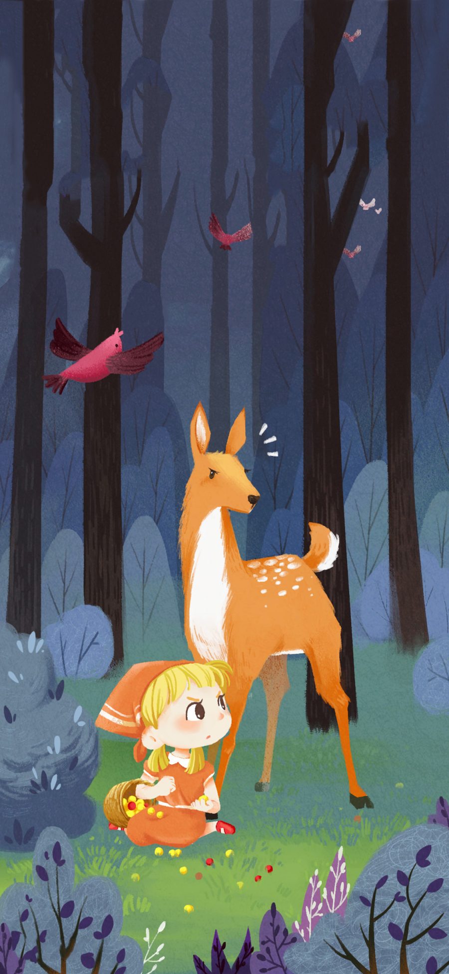 [2436×1125]森林 插图 小鹿 女孩 苹果手机动漫壁纸图片