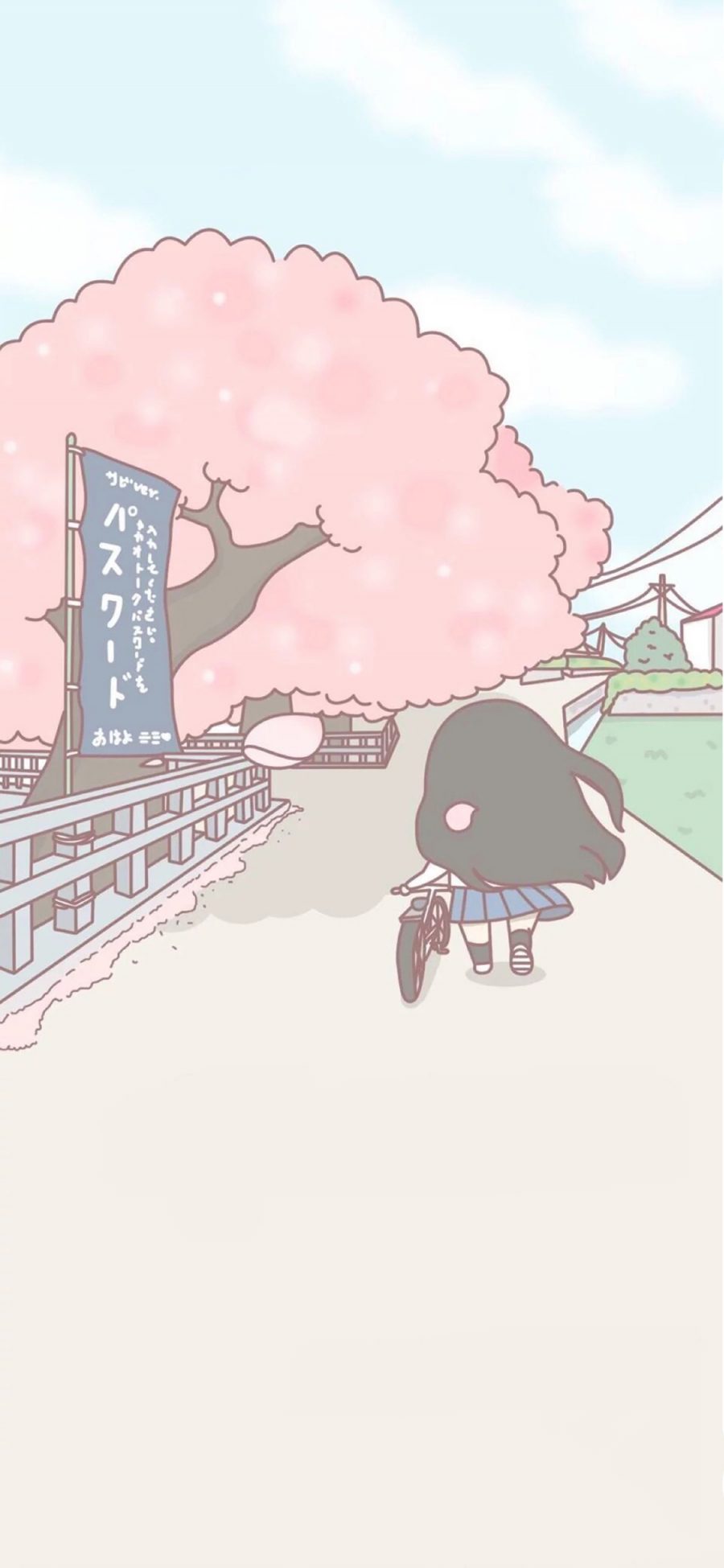 [2436×1125]樱花 小女孩 日本 卡通 背影 粉色 苹果手机动漫壁纸图片