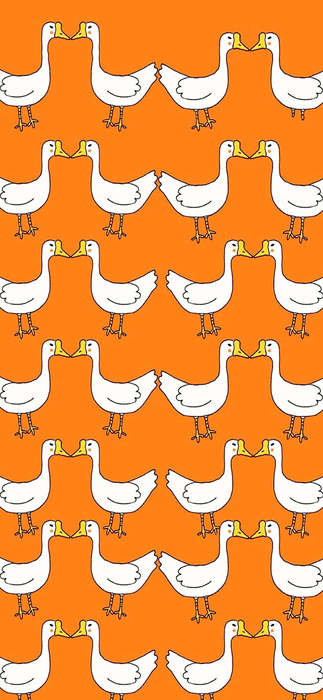 [2436×1125]橙色背景 卡通 白鹅 平铺 苹果手机动漫壁纸图片