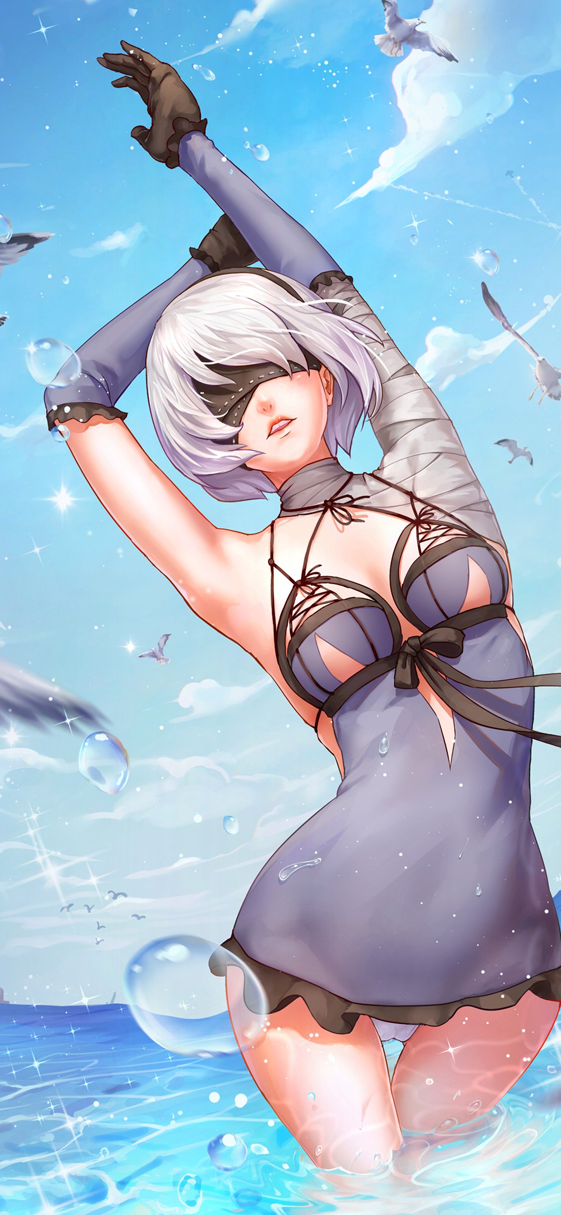 [2436×1125]比基尼 性感 短发 少女 漫画 苹果手机动漫壁纸图片