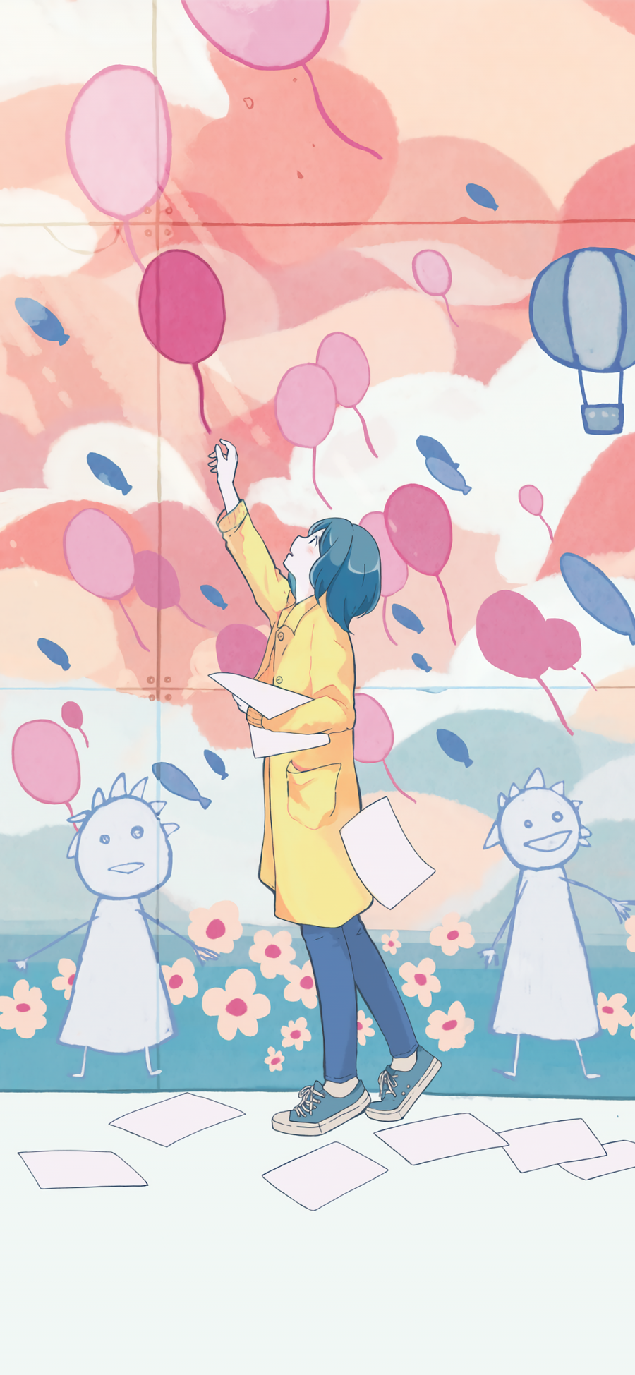 [2436×1125]气球 女孩 色彩 纸 涂鸦墙 苹果手机动漫壁纸图片