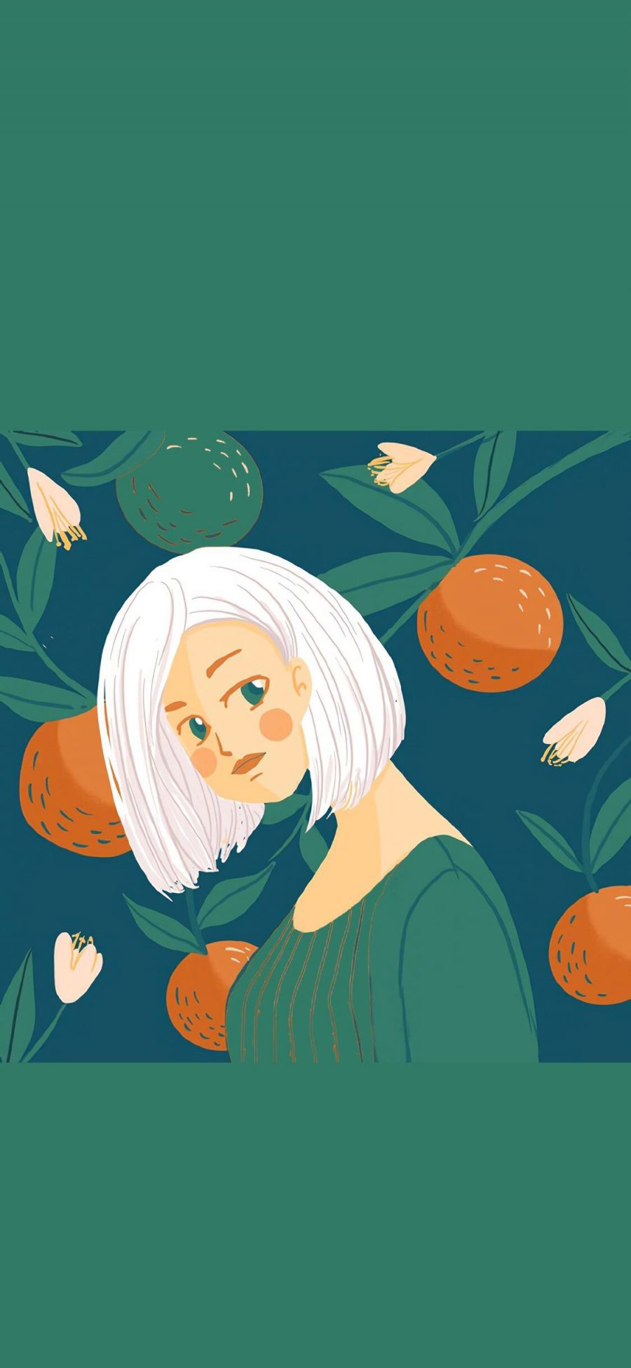 [2436×1125]水果系列 橘子 女孩 绿色 苹果手机动漫壁纸图片