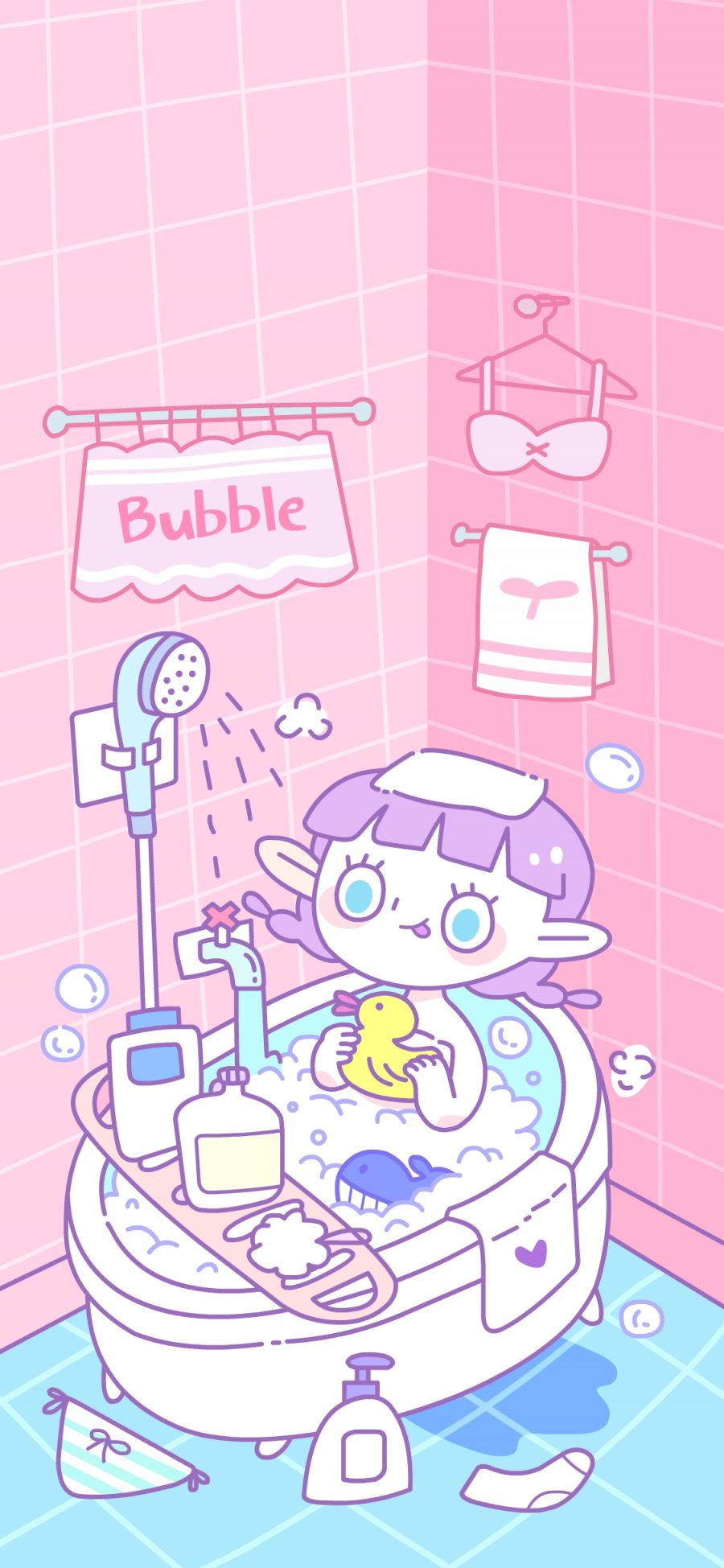 [2436×1125]沐浴 洗澡 女孩 粉色 浴缸 泡澡 苹果手机动漫壁纸图片