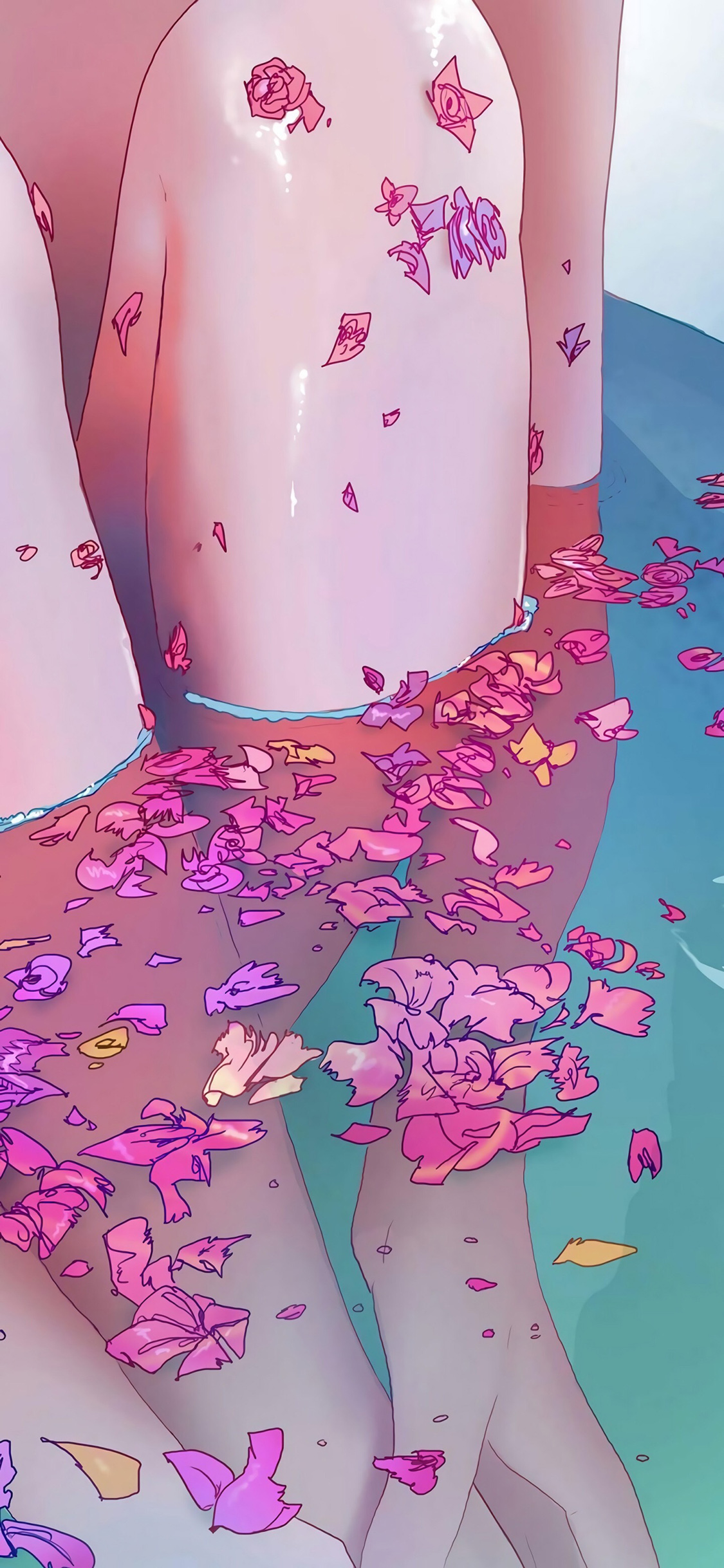 [2436×1125]沐浴 美腿 花瓣 动漫插图 苹果手机动漫壁纸图片