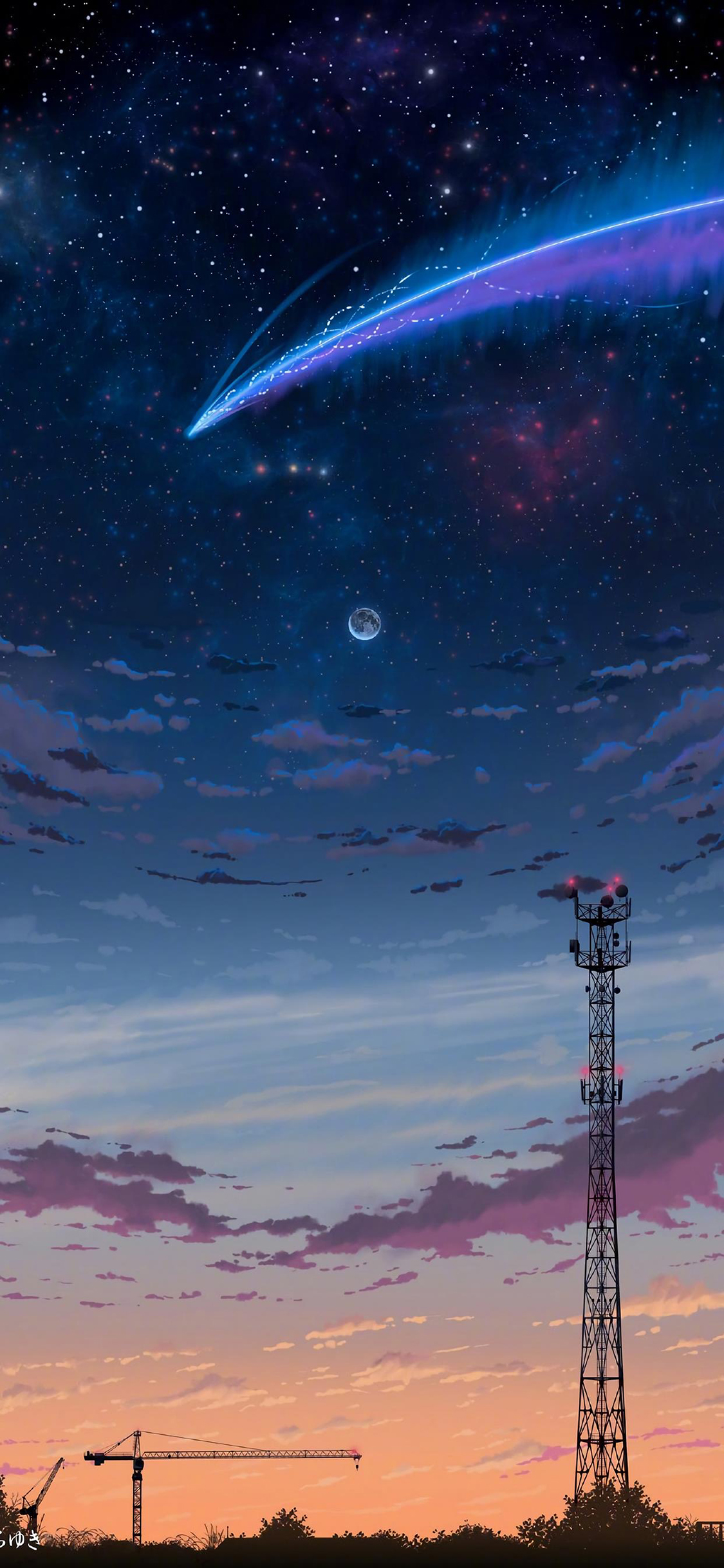 [2436×1125]流星 星空 夜空 漫画 月亮 苹果手机动漫壁纸图片