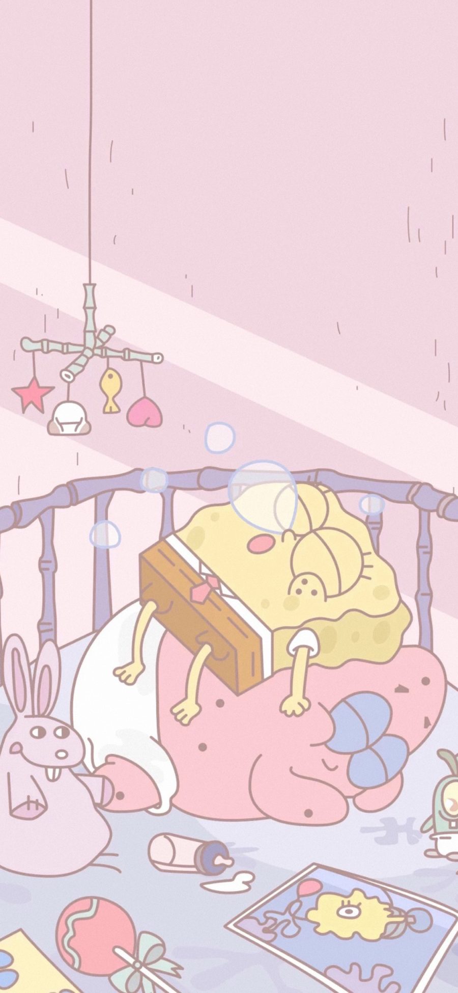 [2436×1125]海绵宝宝 派大星 粉色 卡通 可爱 睡觉 苹果手机动漫壁纸图片