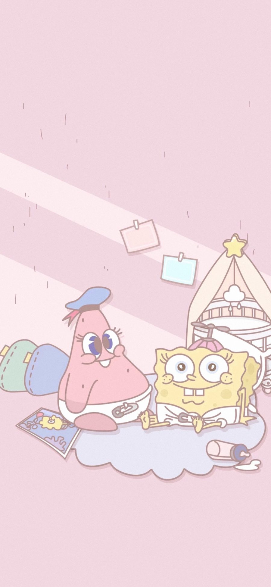 [2436×1125]海绵宝宝 粉色 卡通 可爱 派大星 苹果手机动漫壁纸图片