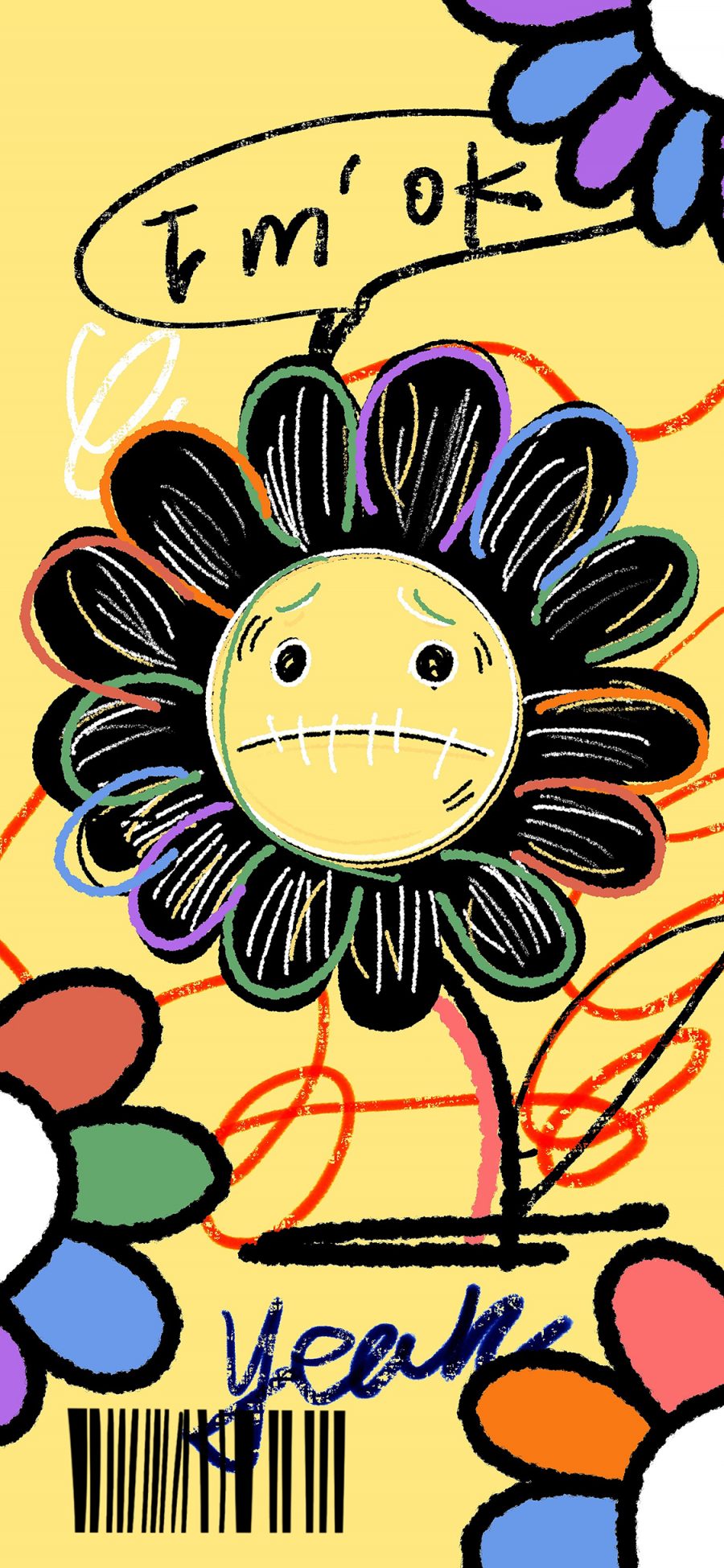 [2436×1125]涂鸦 太阳花 丧脸 色彩 苹果手机动漫壁纸图片