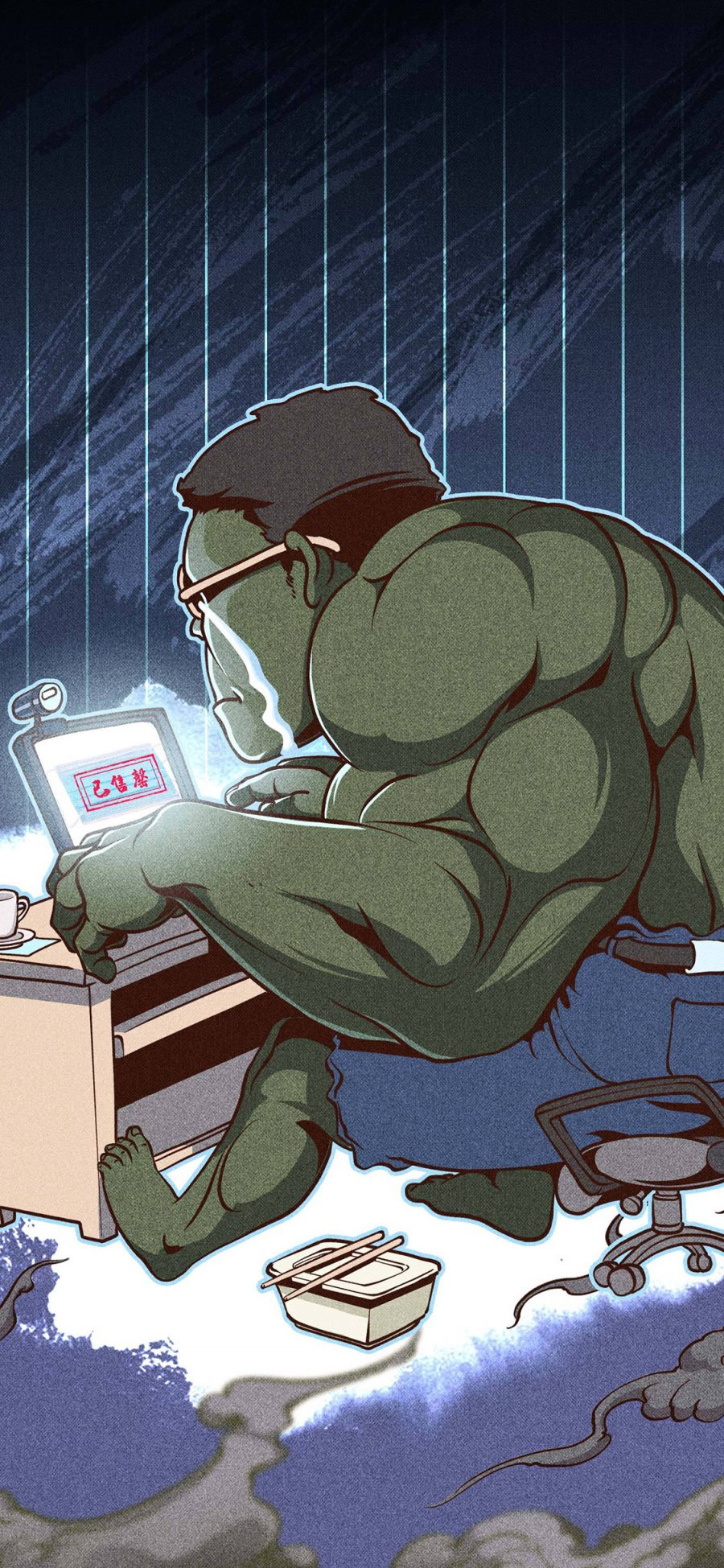 [2436×1125]漫威 英雄 绿巨人 买口罩 疫情（取自站酷网：插画杨权） 苹果手机动漫壁纸图片