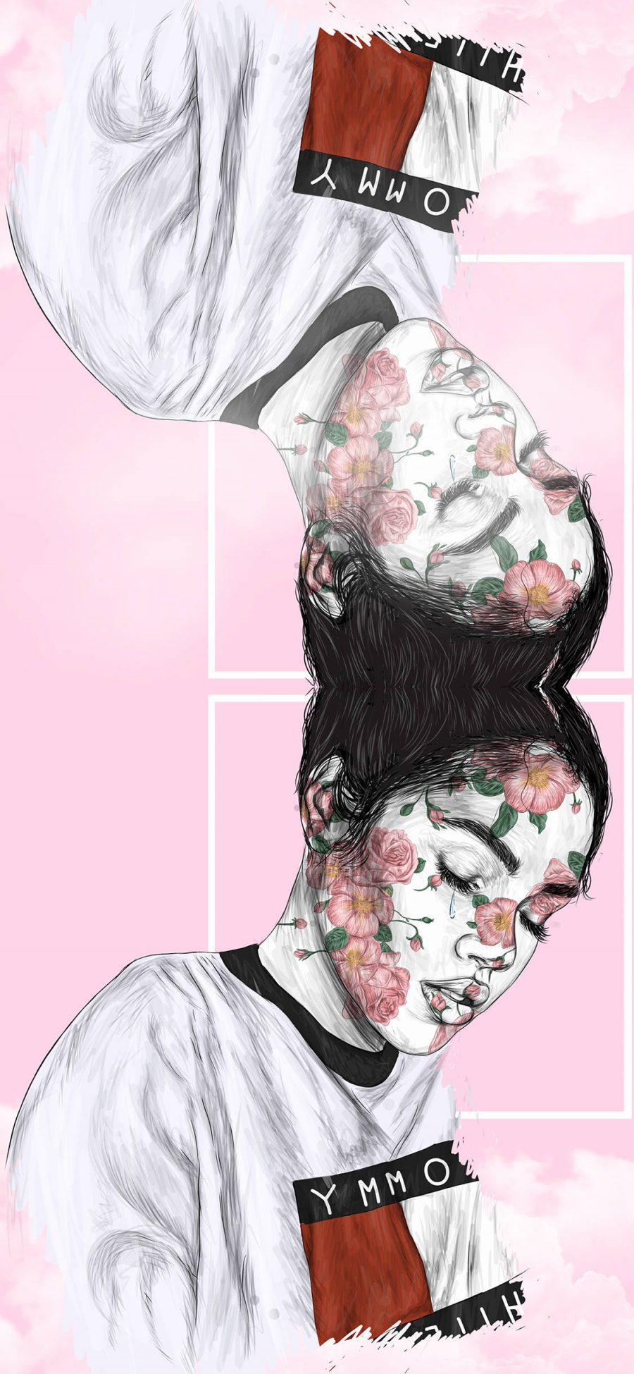 [2436×1125]潮图 插画 女孩 花纹 粉色系 苹果手机动漫壁纸图片