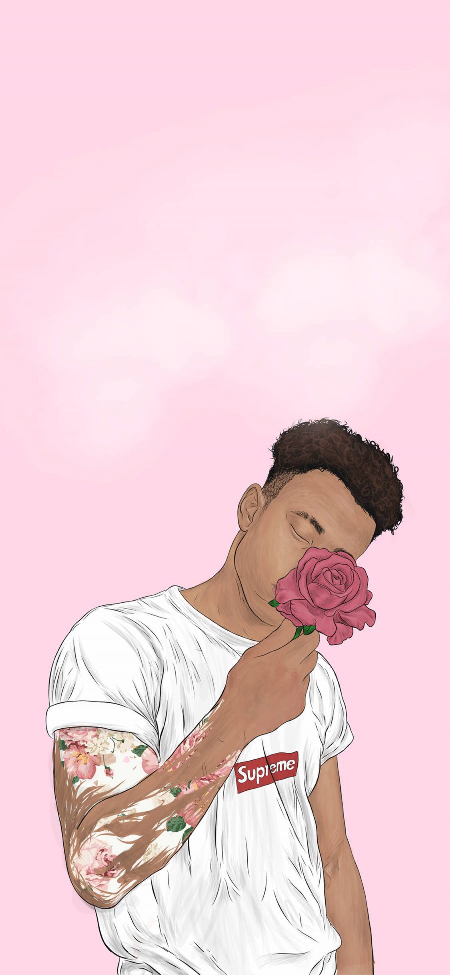 [2436×1125]潮图 黑人男孩 插画 粉色系 苹果手机动漫壁纸图片