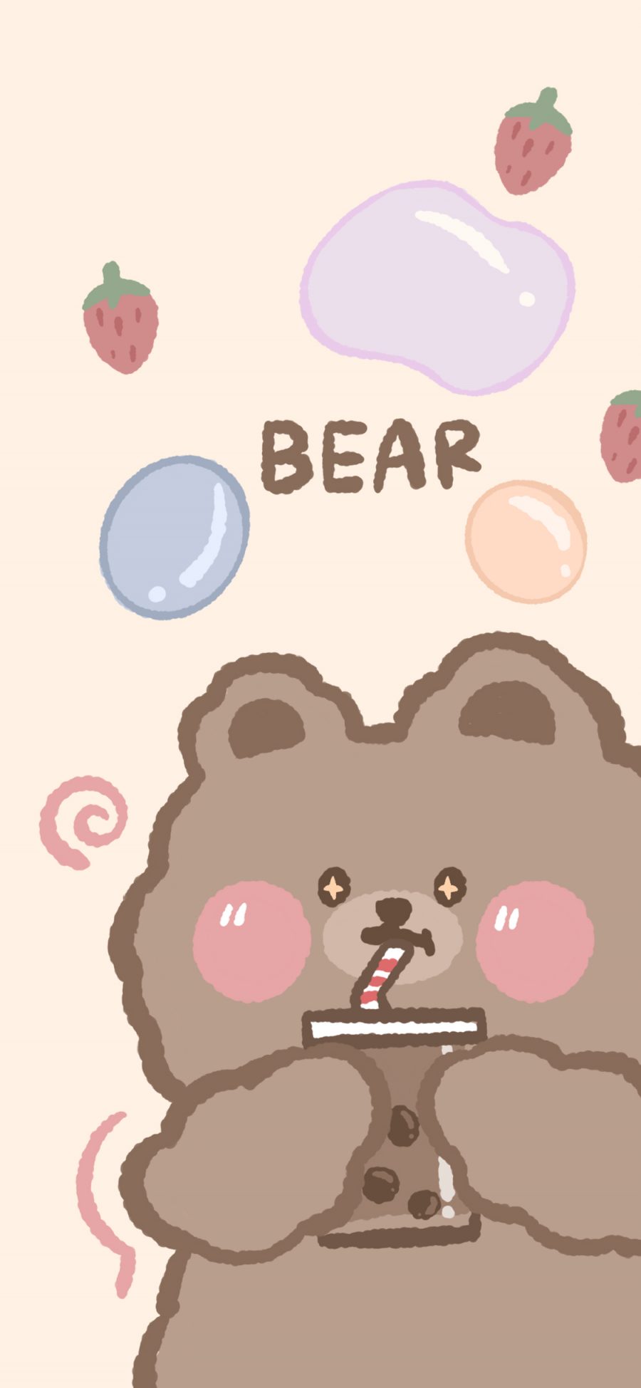 [2436×1125]熊 bear 卡通 可爱 草莓 珍珠奶茶 苹果手机动漫壁纸图片