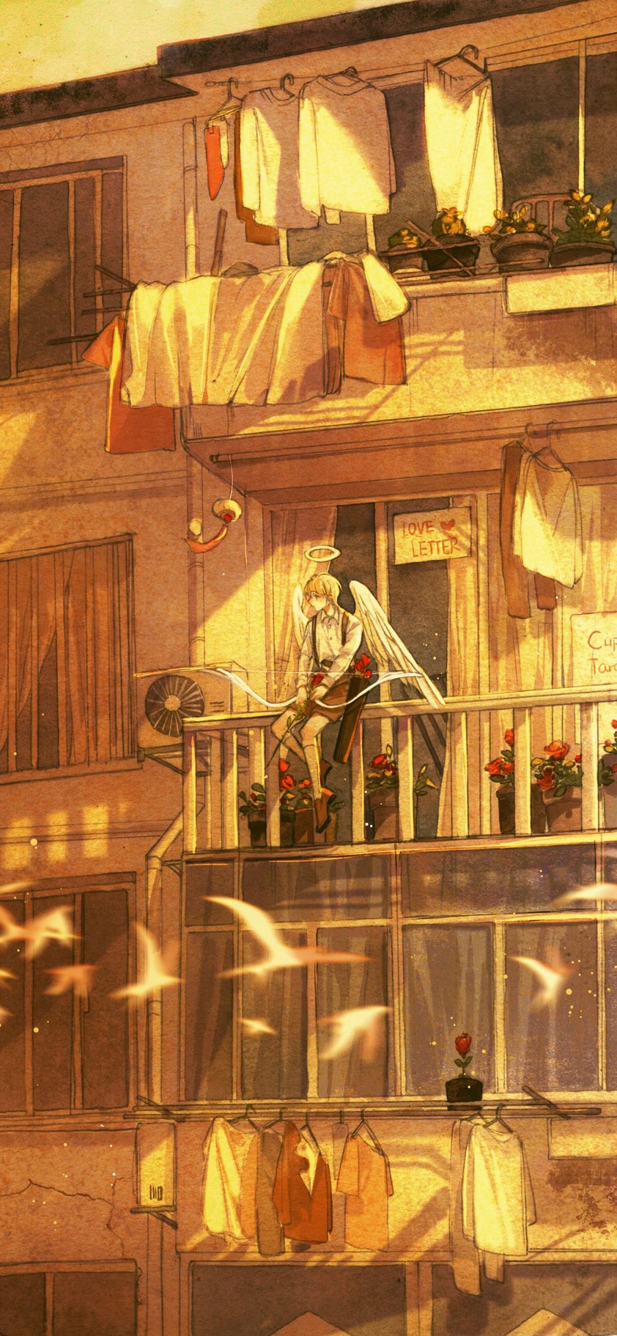 [2436×1125]爱神 男子 阳台 二次元 黄色 漫画 苹果手机动漫壁纸图片