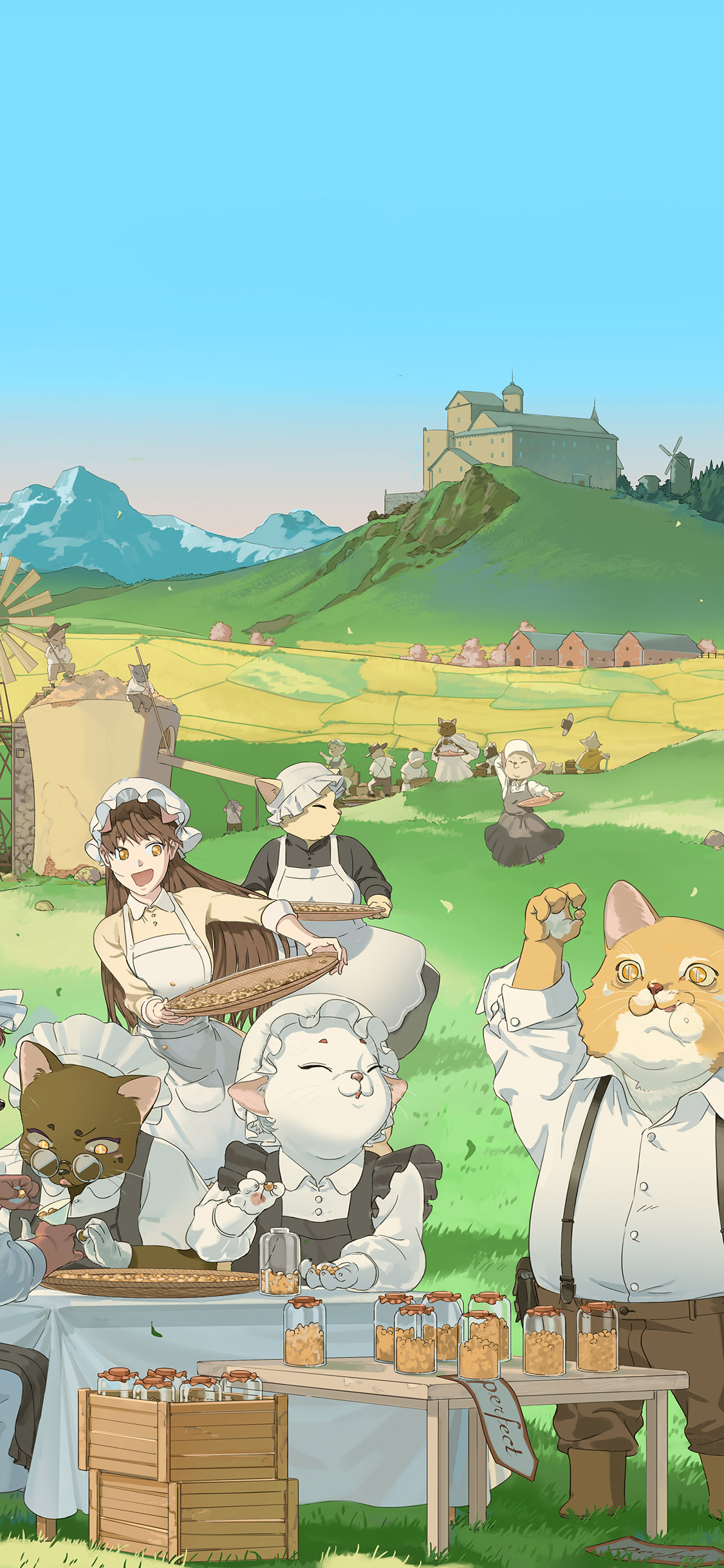 [2436×1125]猫咪 插图 女孩 春季（取自站酷网：麦伢） 苹果手机动漫壁纸图片