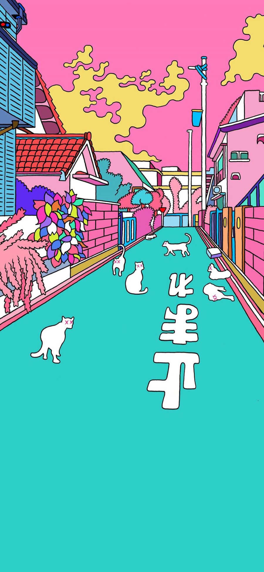 [2436×1125]猫咪 插图 街道 色彩 苹果手机动漫壁纸图片