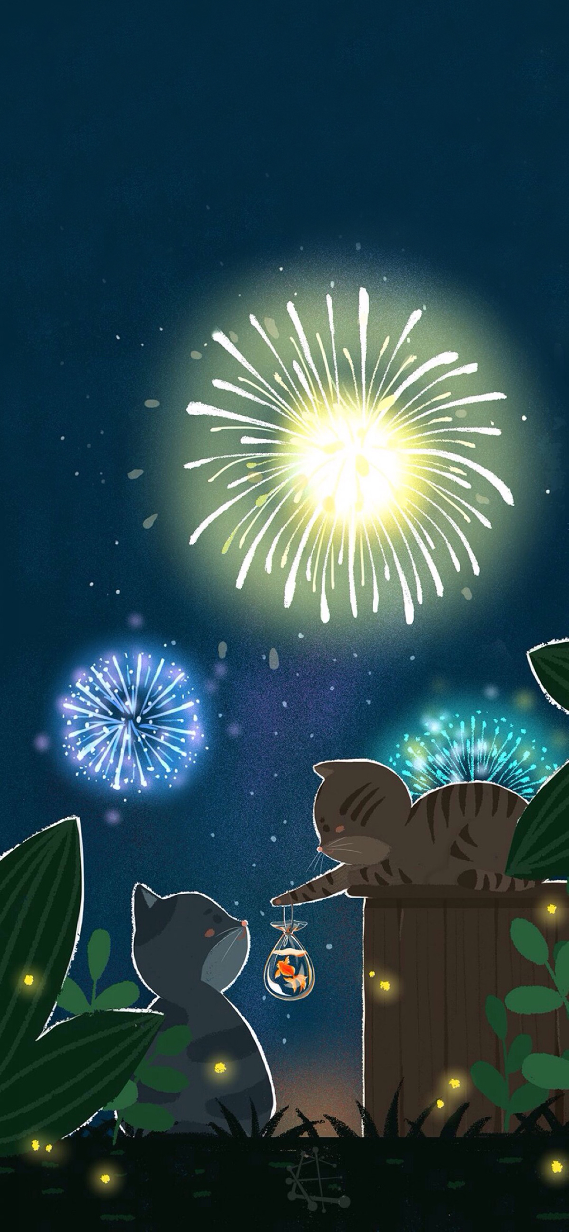 [2436×1125]猫咪插画 卡通 金鱼 烟花 苹果手机动漫壁纸图片
