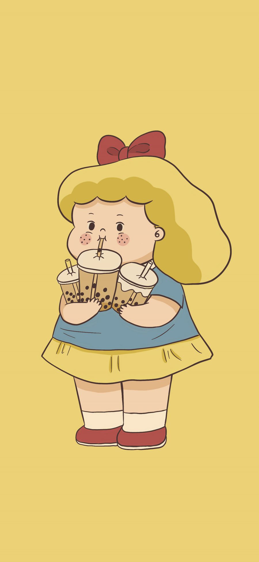 [2436×1125]珍珠奶茶 小女孩 可爱 黄色 饮料 苹果手机动漫壁纸图片