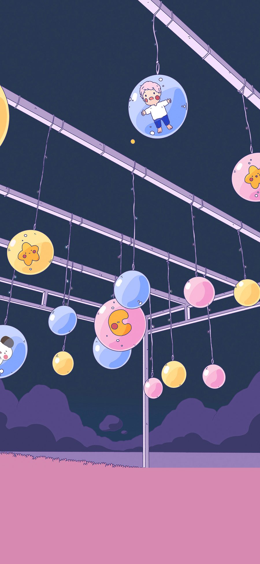 [2436×1125]球 星星 月亮 紫色 小男孩 苹果手机动漫壁纸图片