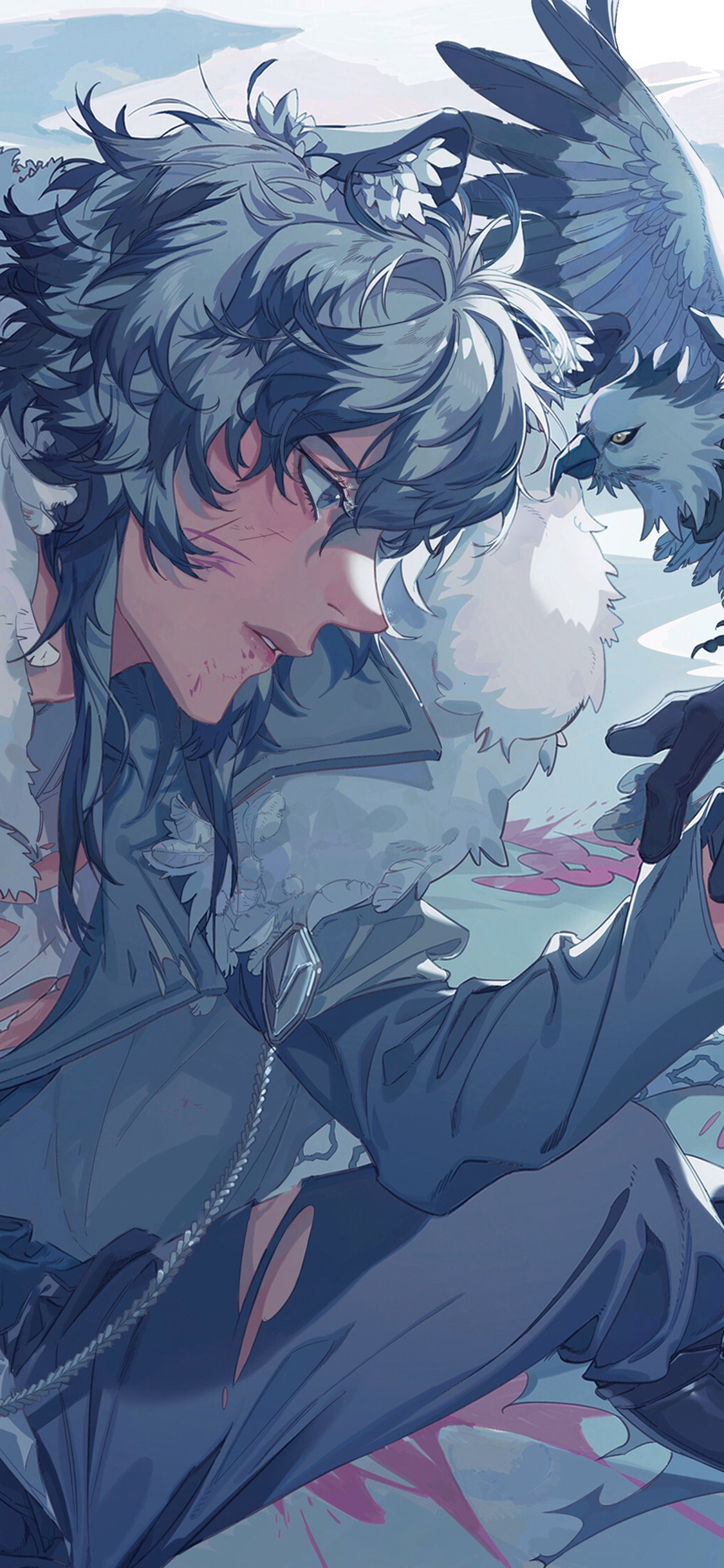 [2436×1125]男子 老鹰 蓝色 伤痕累累 二次元 苹果手机动漫壁纸图片