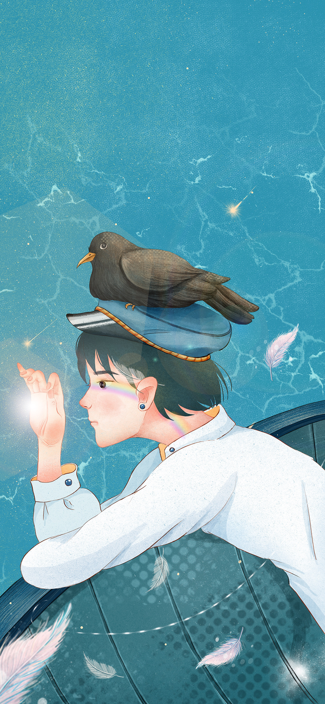 [2436×1125]男孩 插图 鸽子 彩虹光 苹果手机动漫壁纸图片
