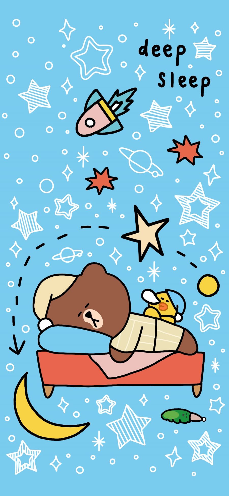 [2436×1125]睡梦 布朗熊 萨莉鸡 linefriends 蓝色 苹果手机动漫壁纸图片