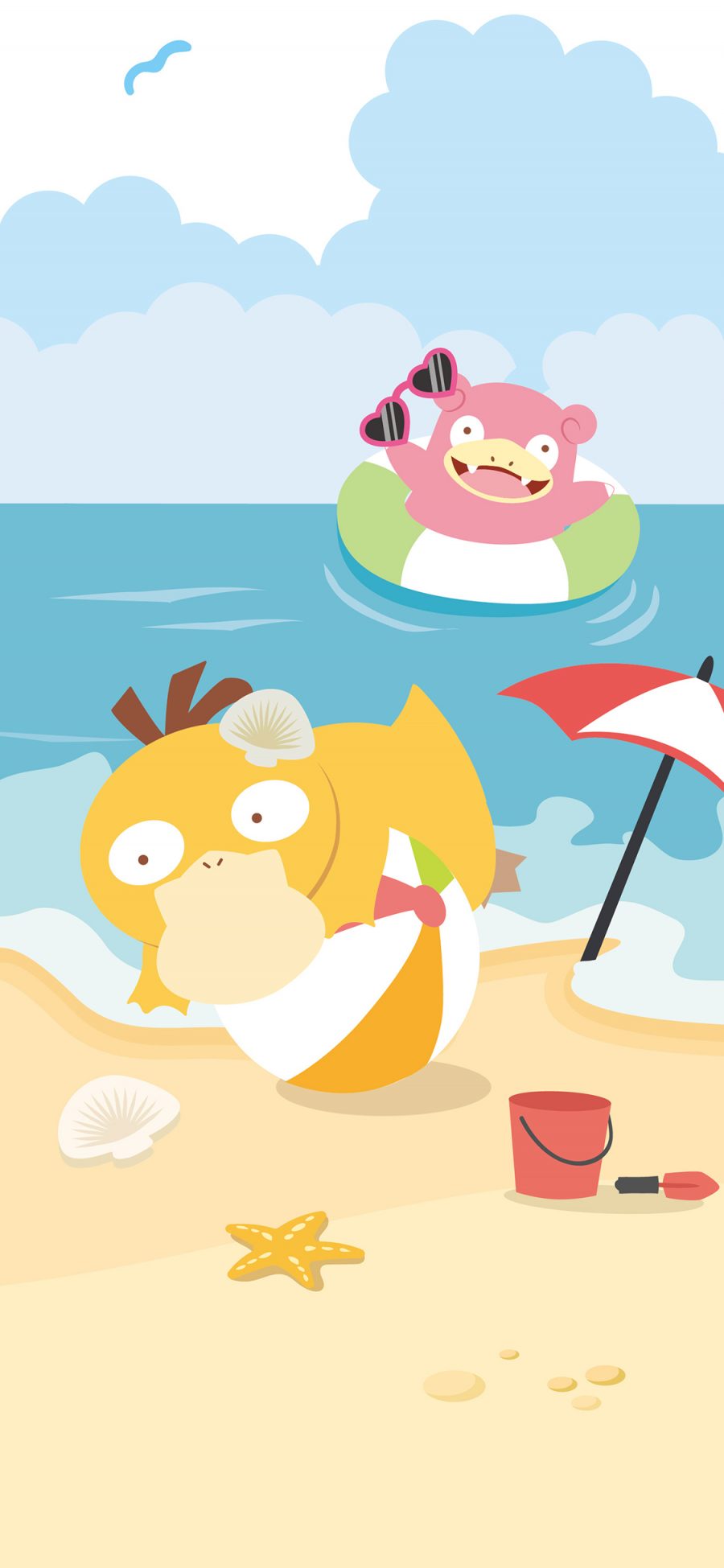 [2436×1125]神奇宝贝 卡通 可达鸭 沙滩 夏日 苹果手机动漫壁纸图片