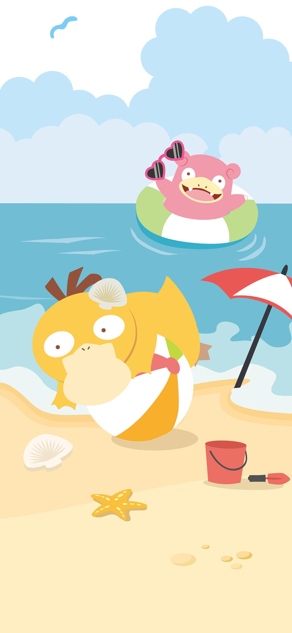 [2436×1125]神奇宝贝 卡通 可达鸭 沙滩 夏日 苹果手机动漫壁纸图片