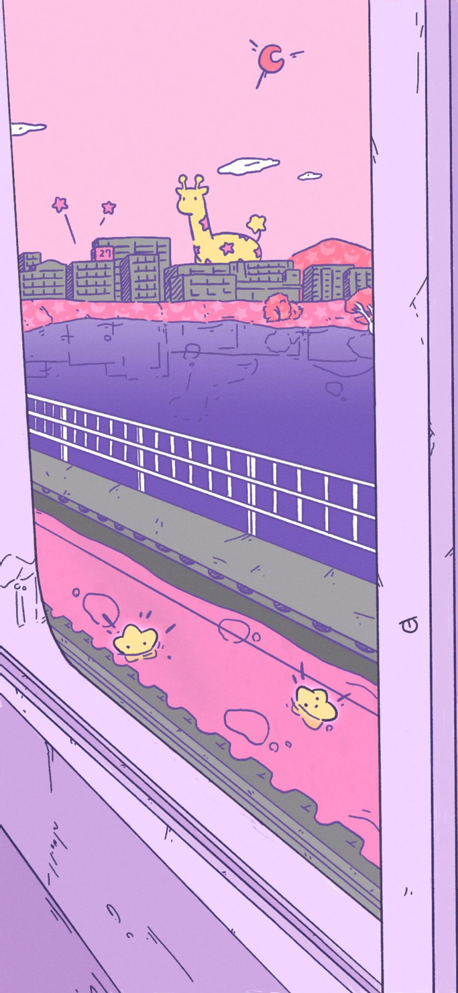 [2436×1125]窗外 紫色 长颈鹿 月亮 星星 苹果手机动漫壁纸图片