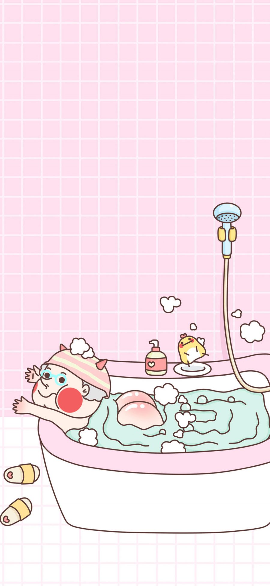 [2436×1125]粉色格子 趣味卡通 洗澡 红屁屁 苹果手机动漫壁纸图片