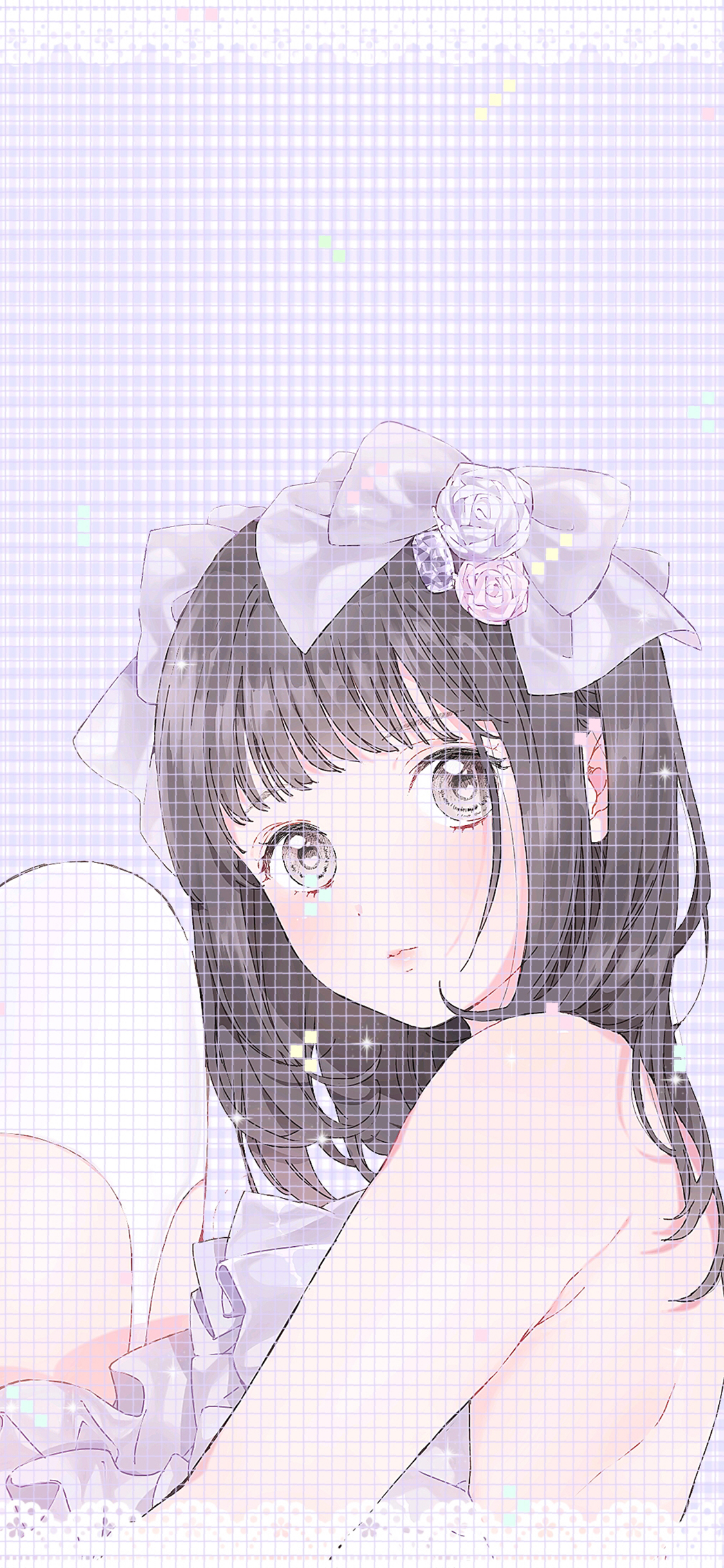 [2436×1125]粉色系 格子 动漫少女 萌妹 苹果手机动漫壁纸图片