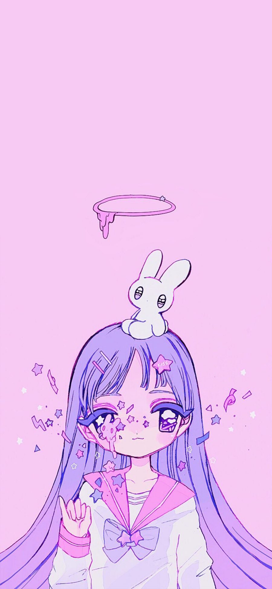 [2436×1125]粉色背景 二次元 少女 兔子 苹果手机动漫壁纸图片