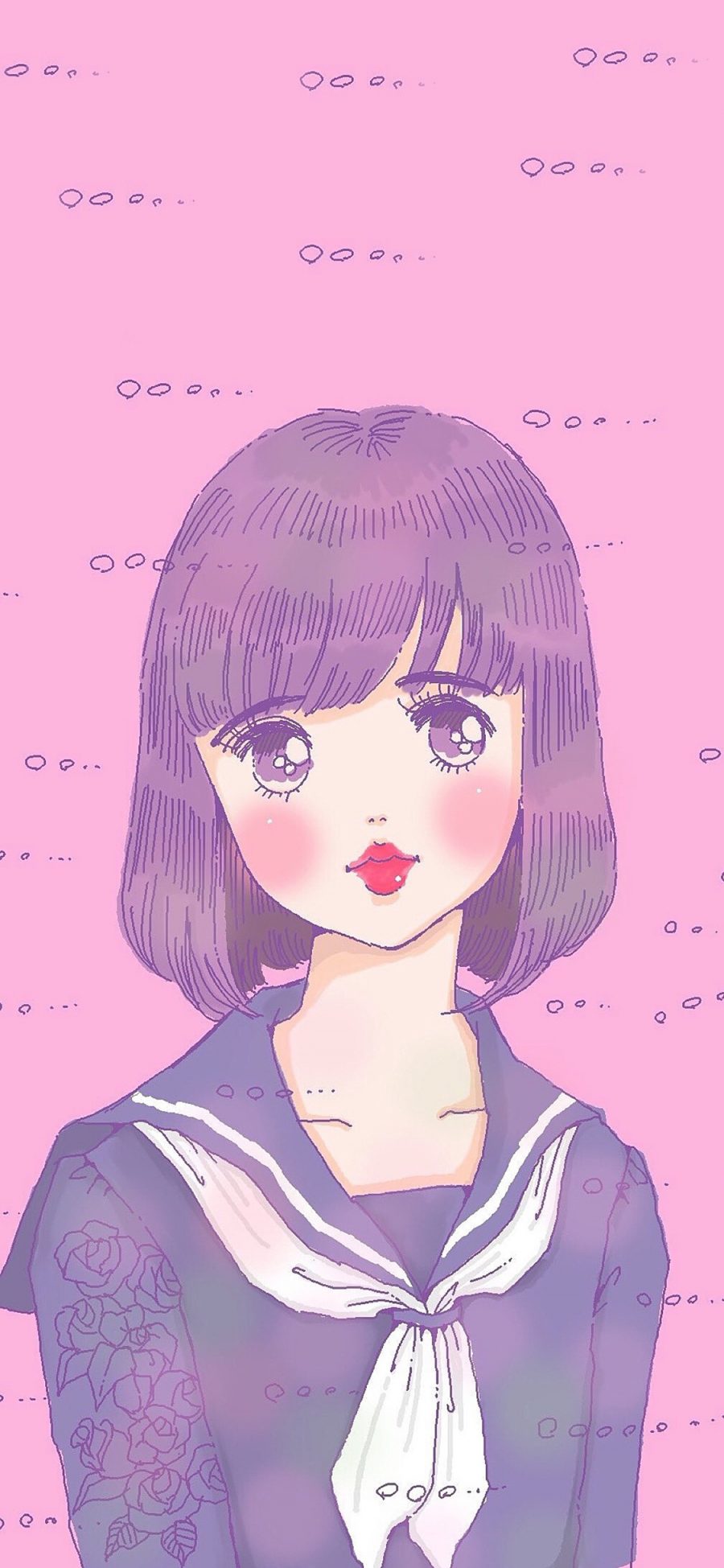 [2436×1125]粉色背景 动漫少女 短发 水手服 苹果手机动漫壁纸图片