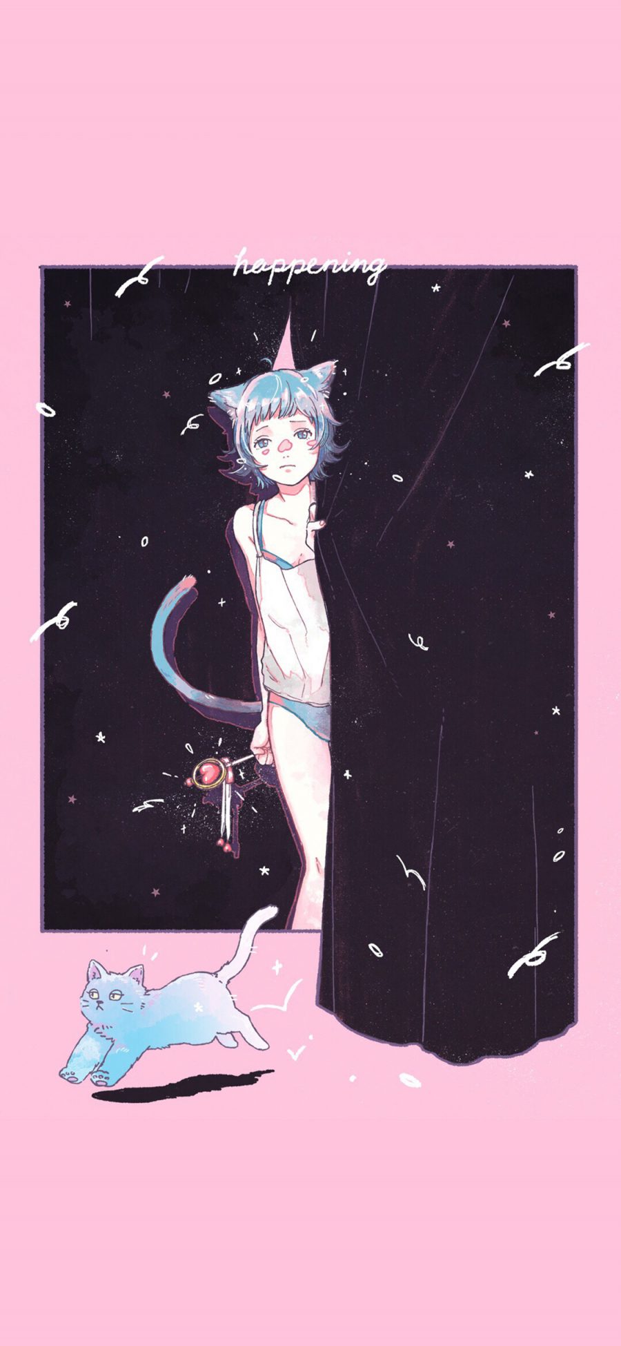 [2436×1125]粉色背景 动漫萝莉 猫系 苹果手机动漫壁纸图片
