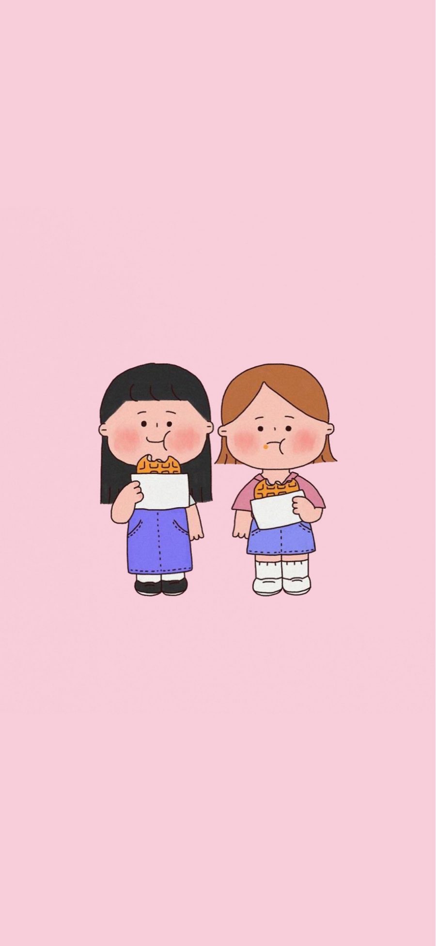 [2436×1125]粉色背景 卡通 女孩 吃饼 苹果手机动漫壁纸图片