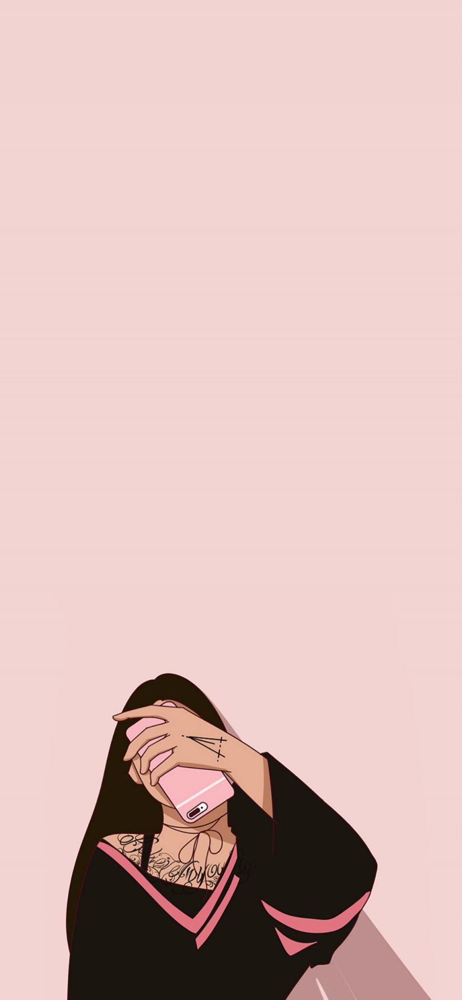 [2436×1125]粉色背景 卡通 女孩 自拍 苹果手机动漫壁纸图片