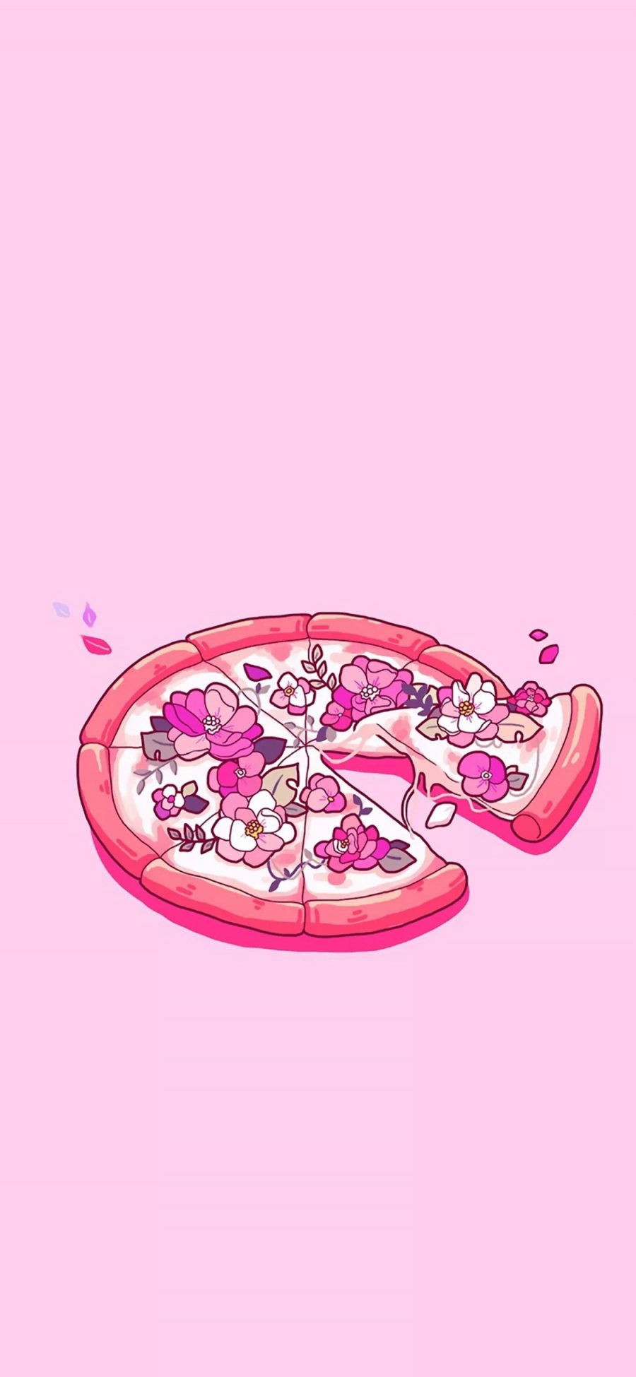 [2436×1125]粉色背景 卡通 披萨 花 苹果手机动漫壁纸图片