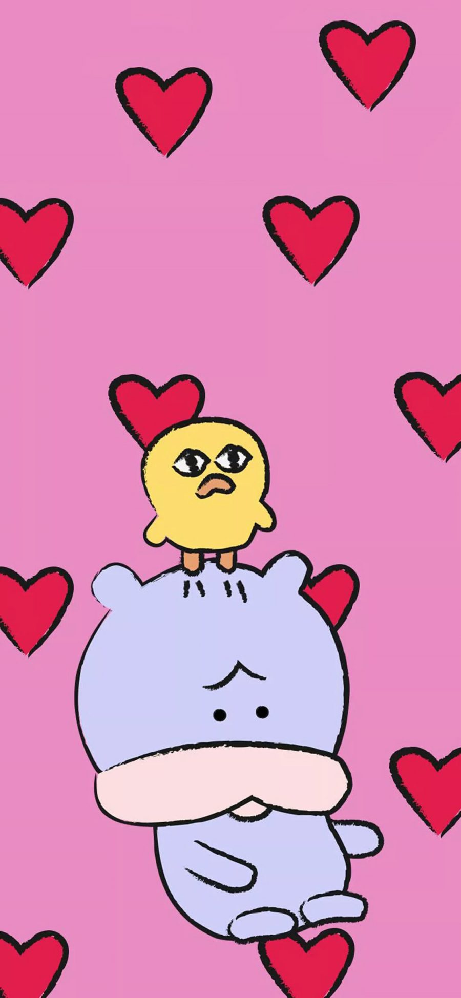 [2436×1125]粉色背景 卡通 萌物 小黄鸡 爱心 苹果手机动漫壁纸图片