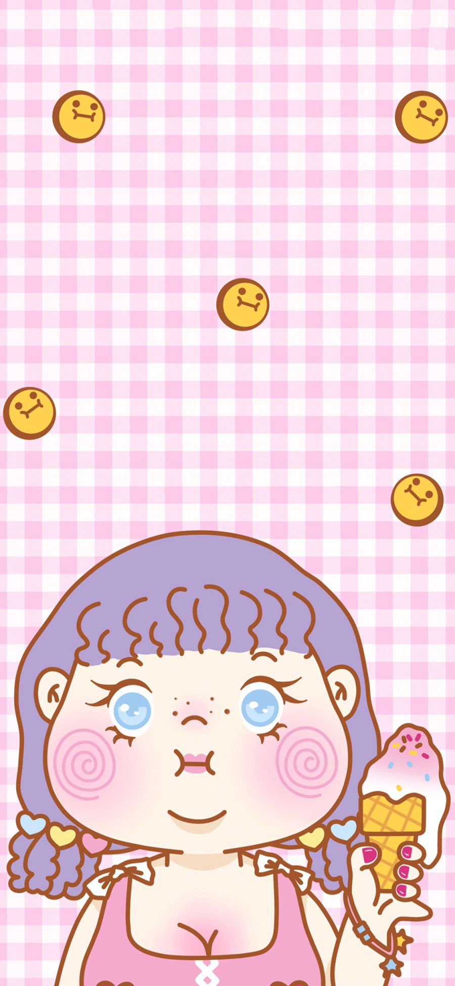 [2436×1125]粉色背景 卡通小女孩 冰淇淋 表情包 苹果手机动漫壁纸图片
