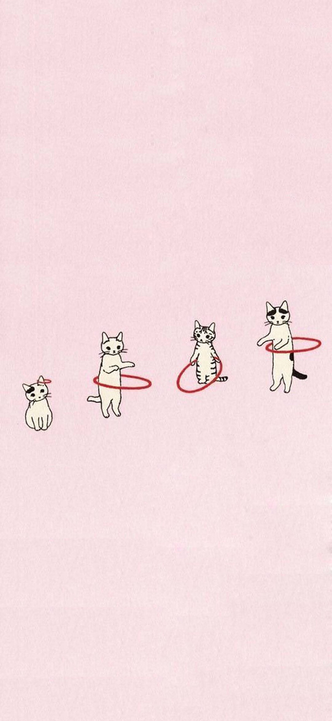[2436×1125]粉色背景 卡通猫咪 呼啦圈 苹果手机动漫壁纸图片