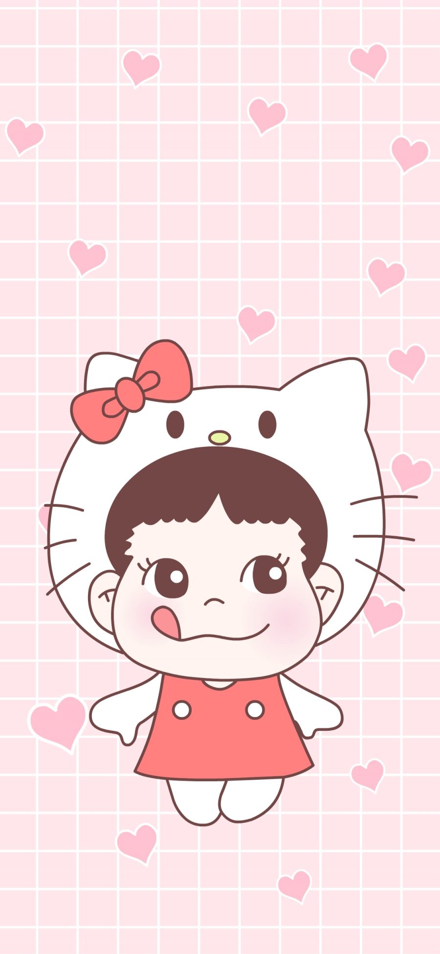 [2436×1125]糖不二 甜妞 可爱 卡通 粉色 爱心 Kitty猫 苹果手机动漫壁纸图片