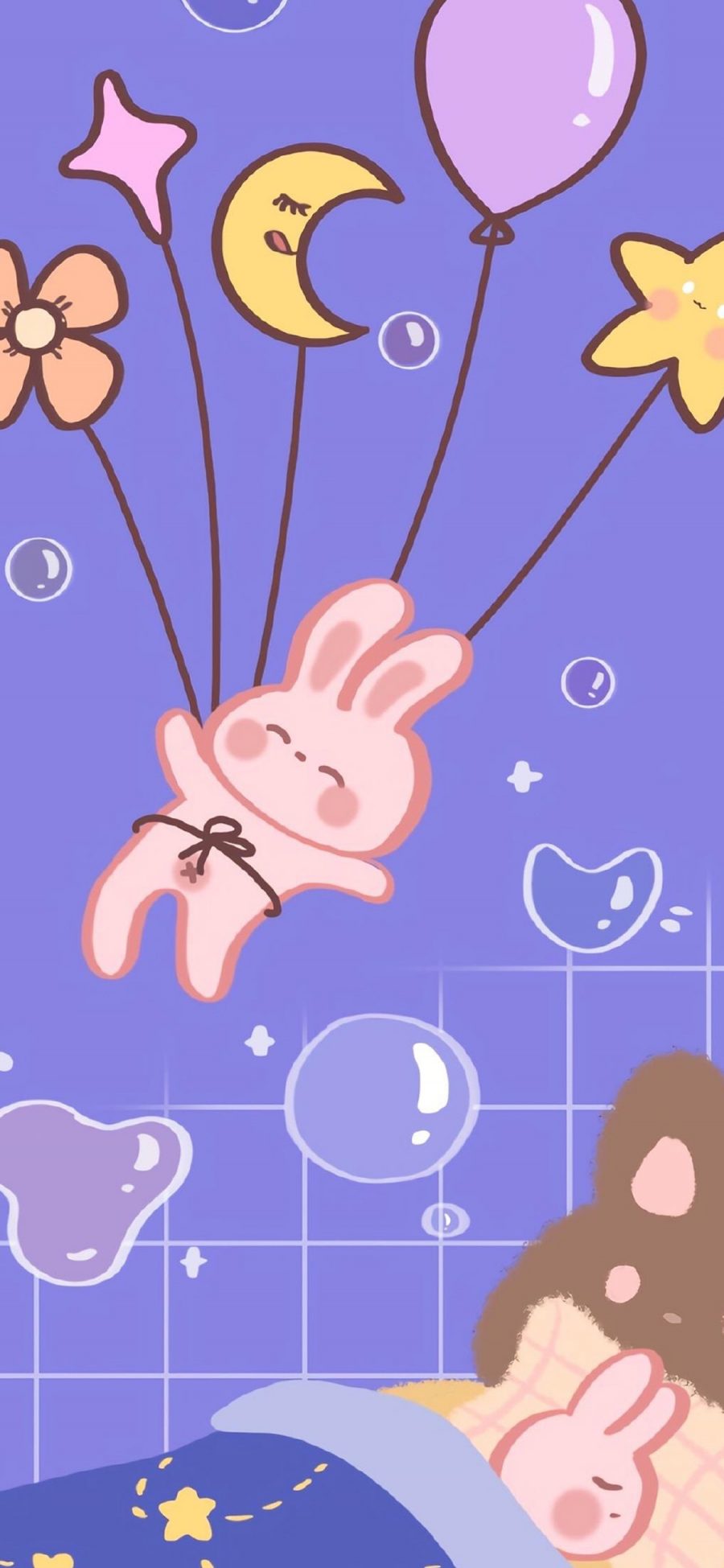 [2436×1125]紫色 卡通 兔子 星星 月牙 苹果手机动漫壁纸图片