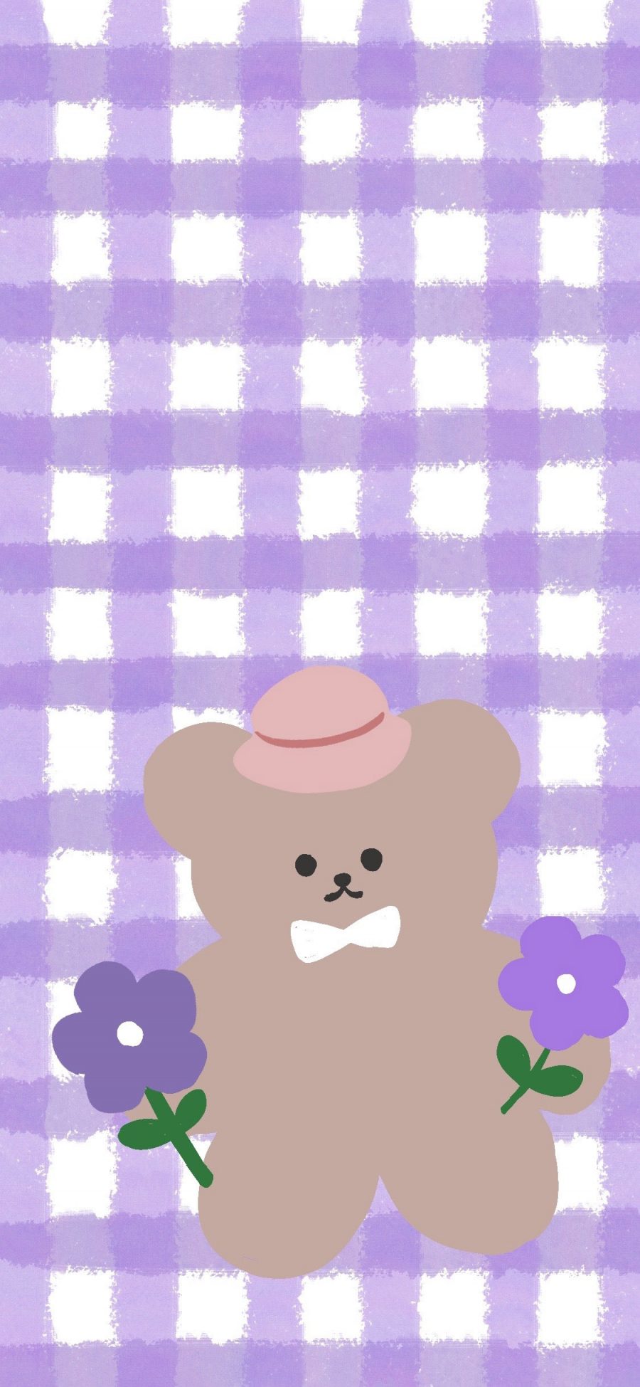 [2436×1125]紫色 格子 背景 小熊（取自微博：寒夏至） 苹果手机动漫壁纸图片