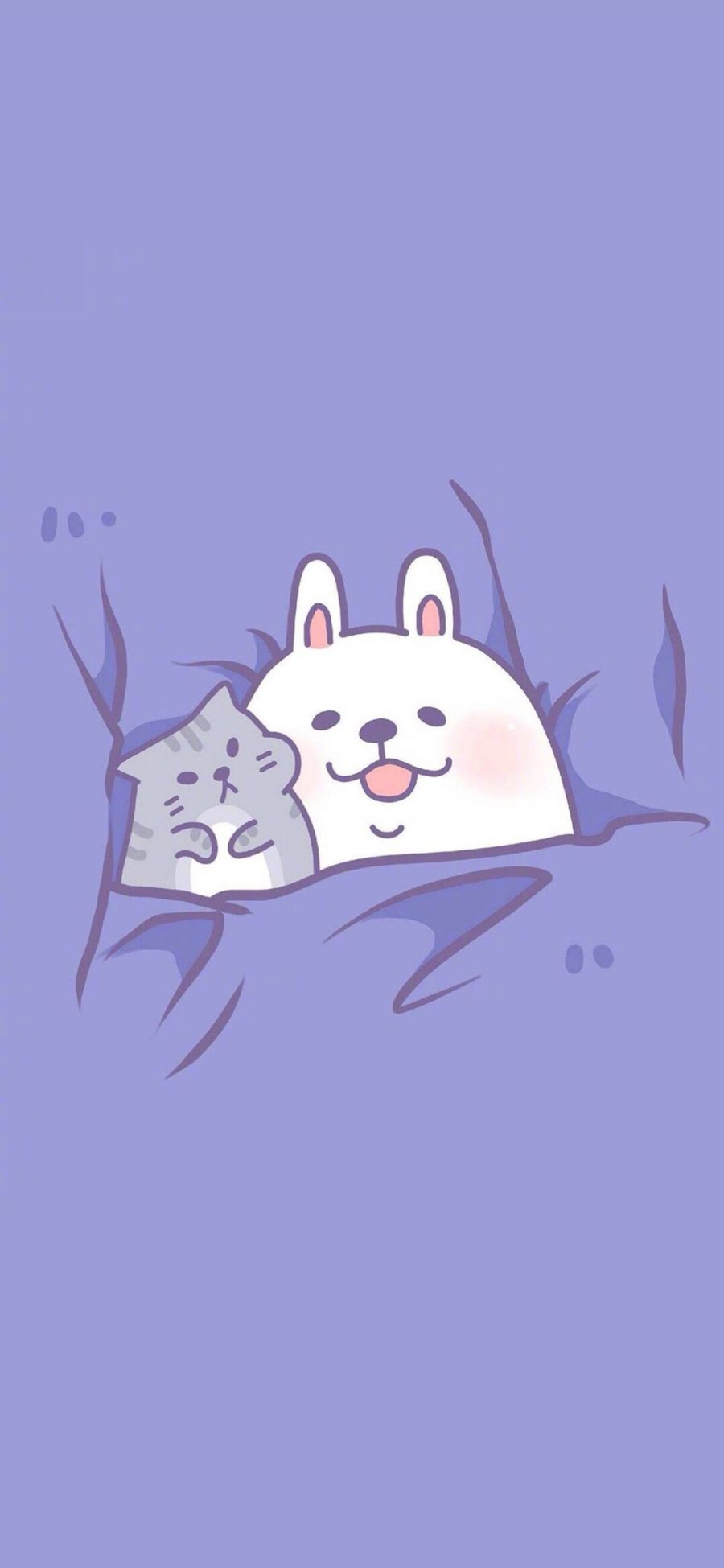 [2436×1125]紫色背景 卡通萌物 兔子 猫咪 苹果手机动漫壁纸图片
