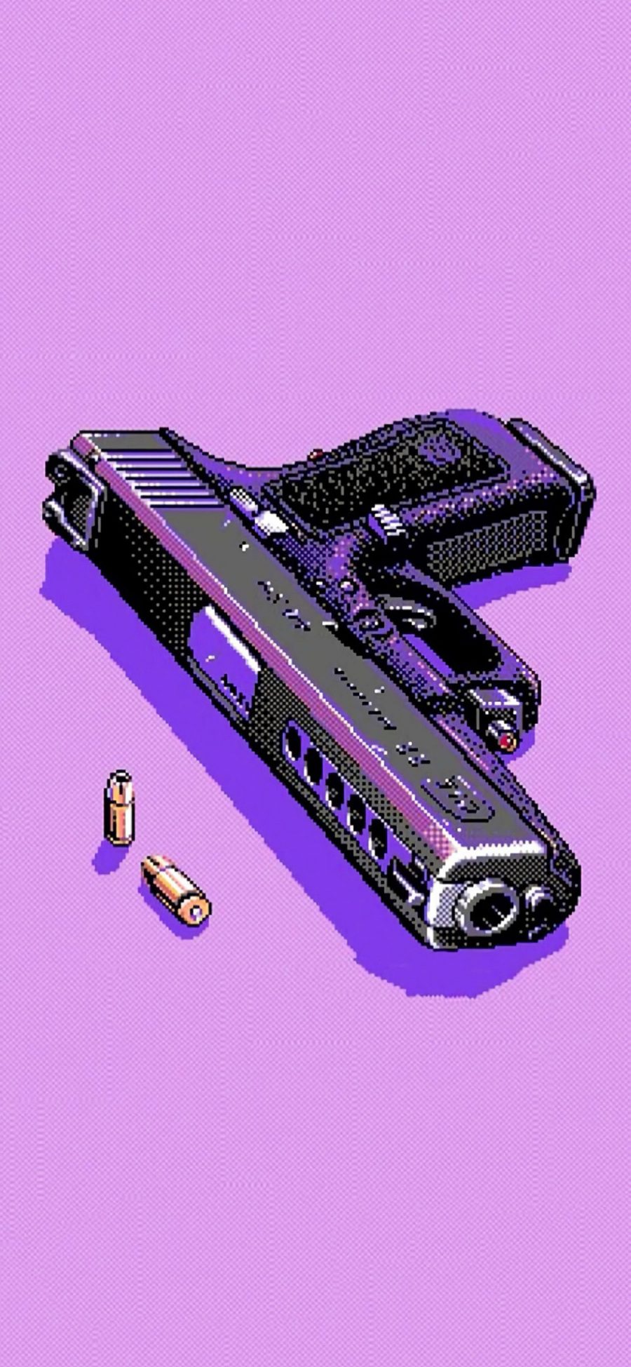 [2436×1125]紫色背景 插图 枪支 子弹 苹果手机动漫壁纸图片