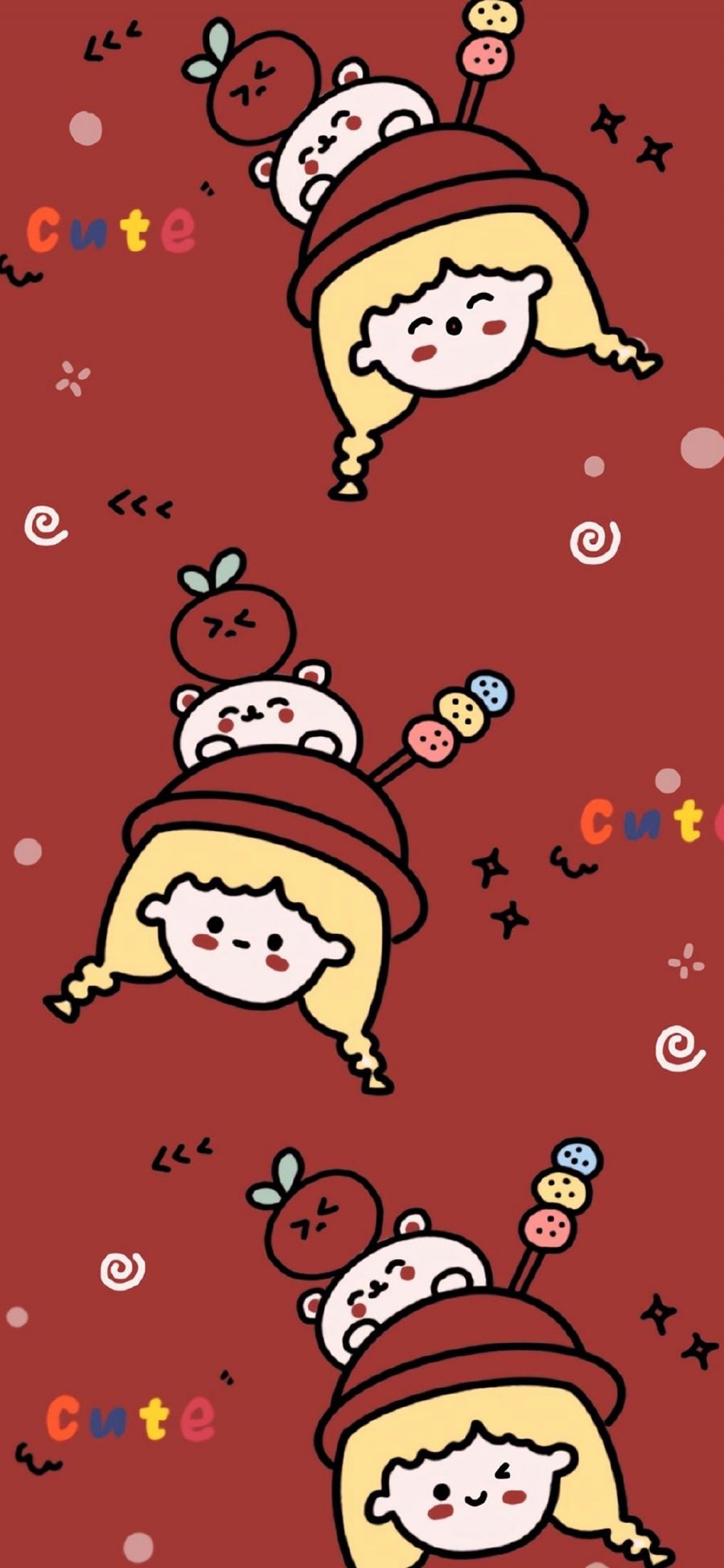 [2436×1125]红色背景 卡通 女孩 可爱（取自微博：是谁偷吃了奶酪） 苹果手机动漫壁纸图片