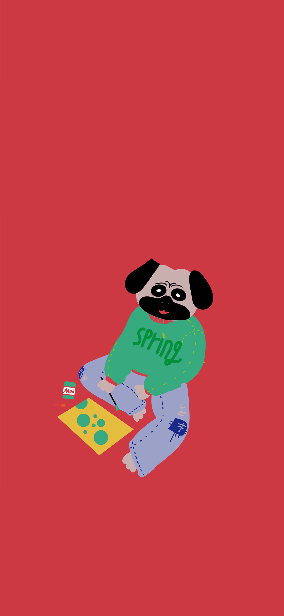 [2436×1125]红色背景 卡通 狗狗 巴哥犬 苹果手机动漫壁纸图片