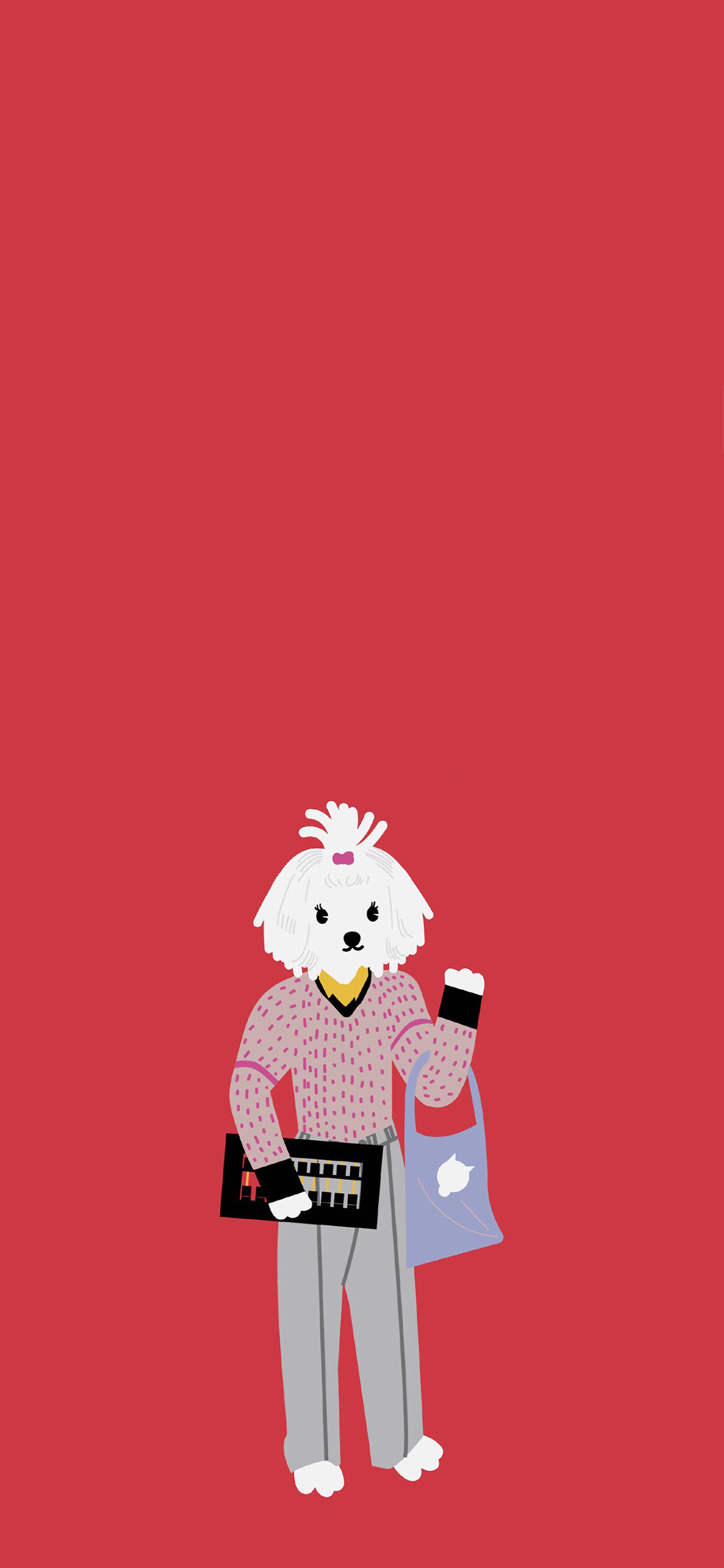 [2436×1125]红色背景 卡通 狗狗 泰迪 苹果手机动漫壁纸图片