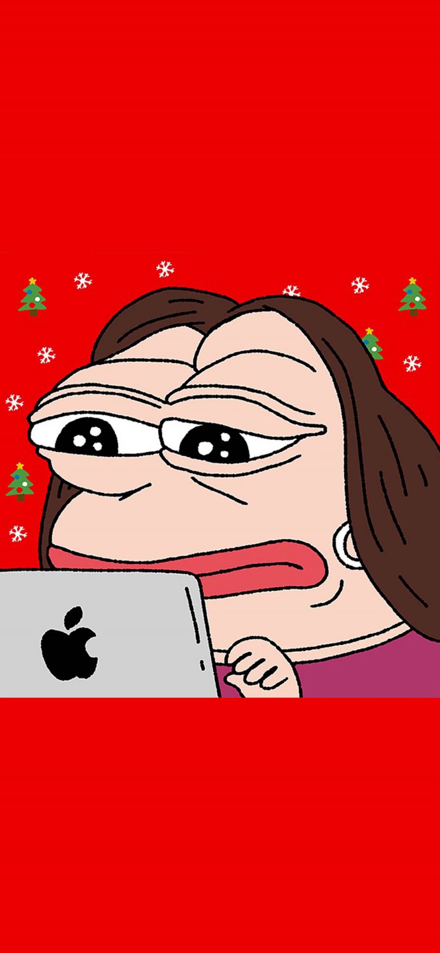 [2436×1125]红色背景 悲伤蛙 卡通 苹果电脑 苹果手机动漫壁纸图片